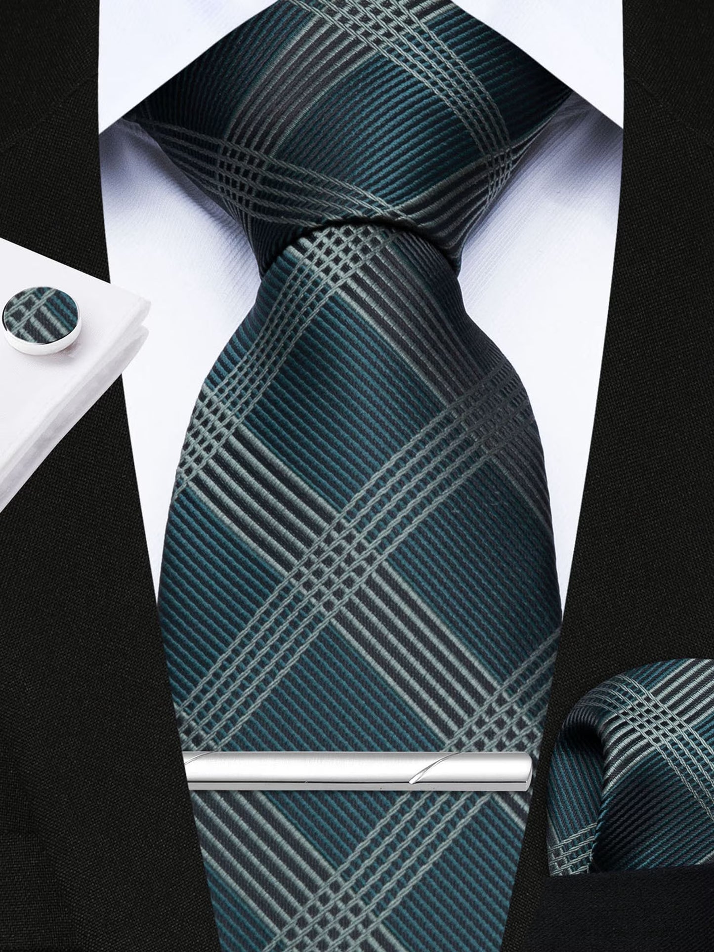 Men Formal Plaid Ties Set Business Neckties Pocket Square Cufflinks Tie Clip Set Wedding