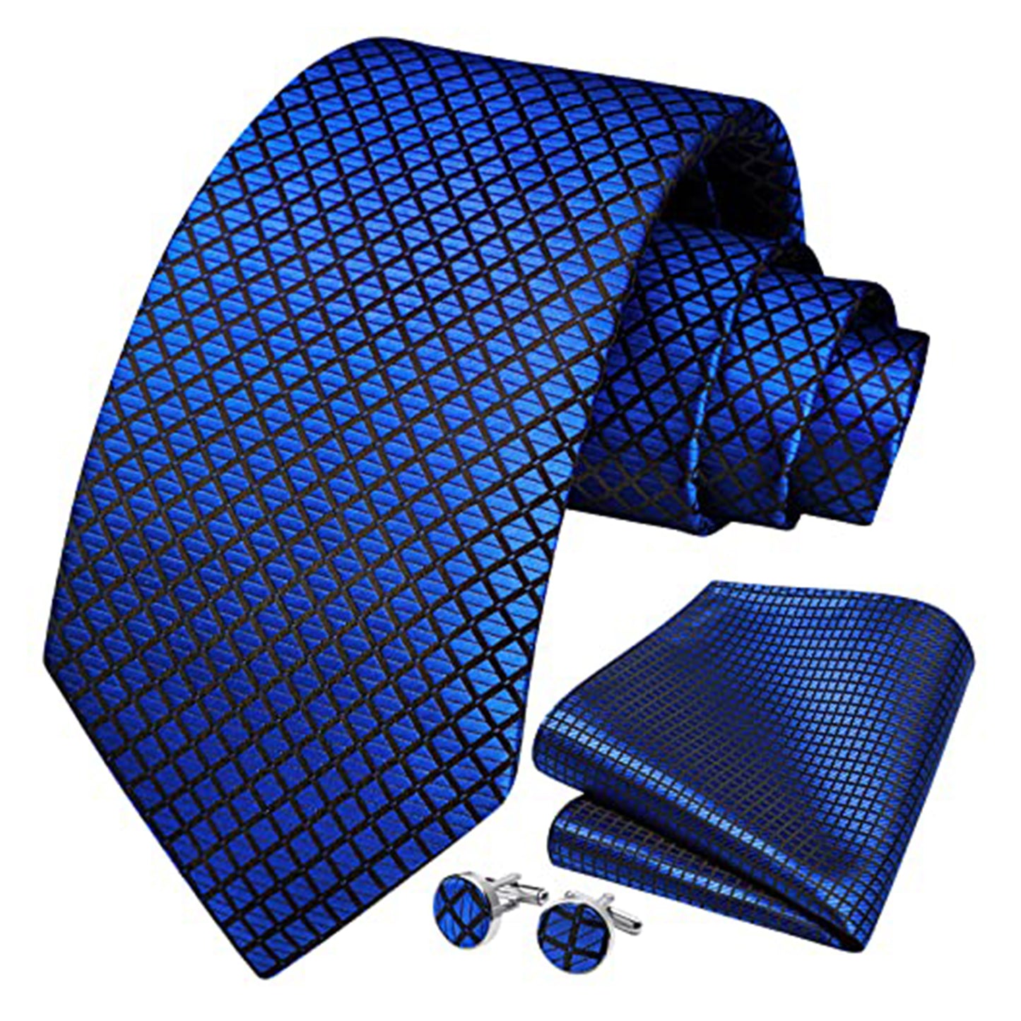 HISDERN Mens Ties Plaid Woven Classic Pocket Square Cufflinks Necktie Set Business Wedding Gift Box