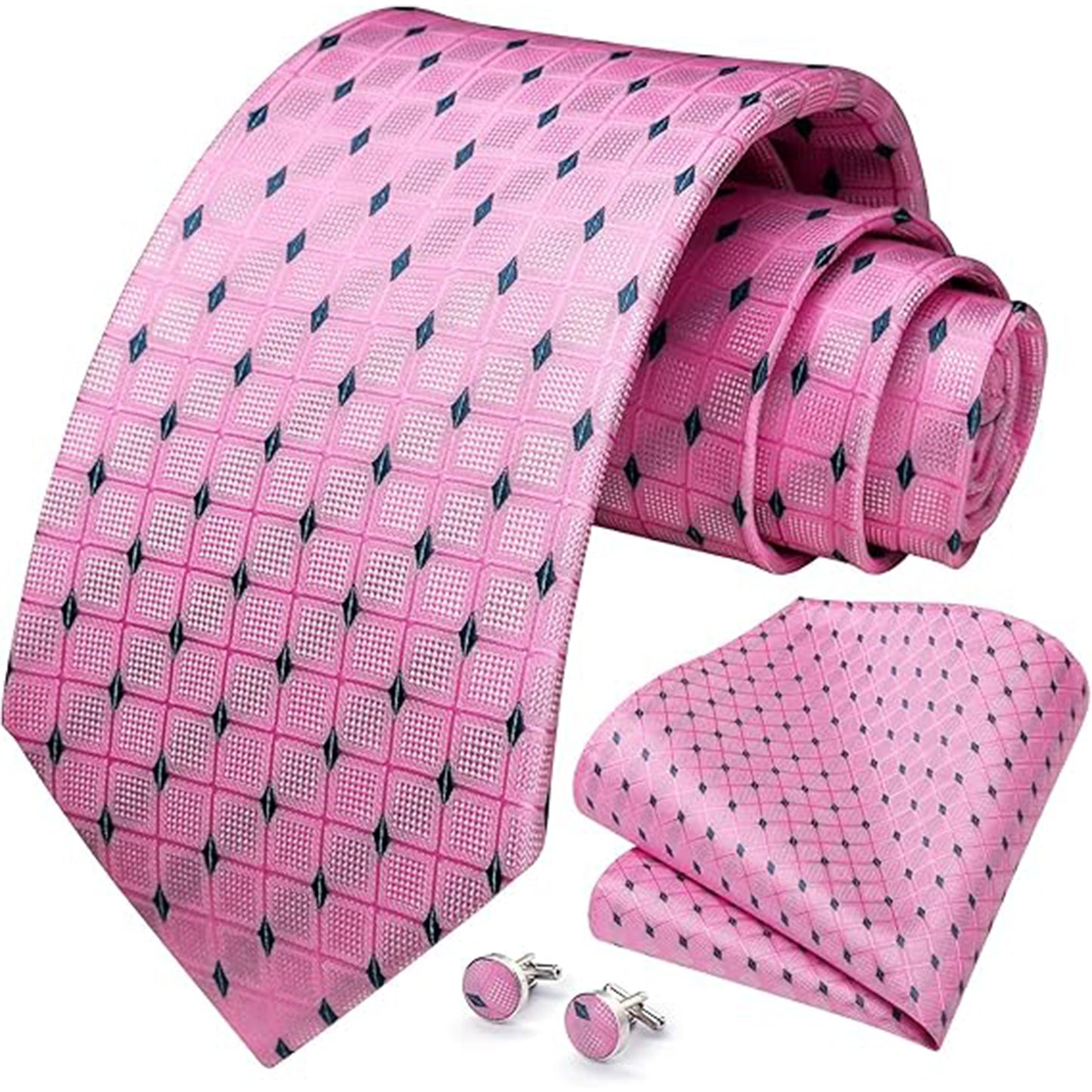 HISDERN Mens Ties Plaid Woven Classic Pocket Square Cufflinks Necktie Set Business Wedding Gift Box