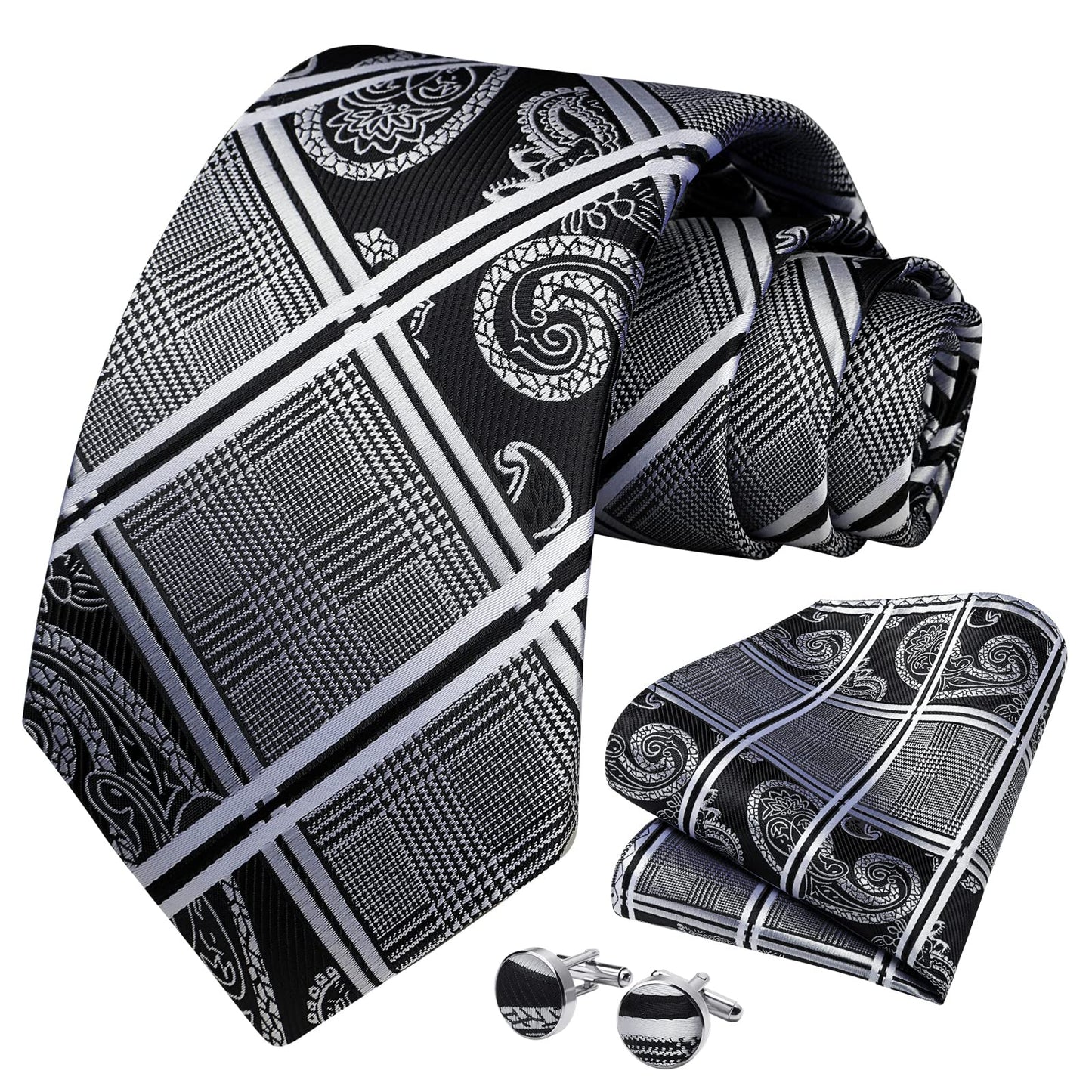HISDERN Mens Ties Plaid Woven Classic Pocket Square Cufflinks Necktie Set Business Wedding Gift Box