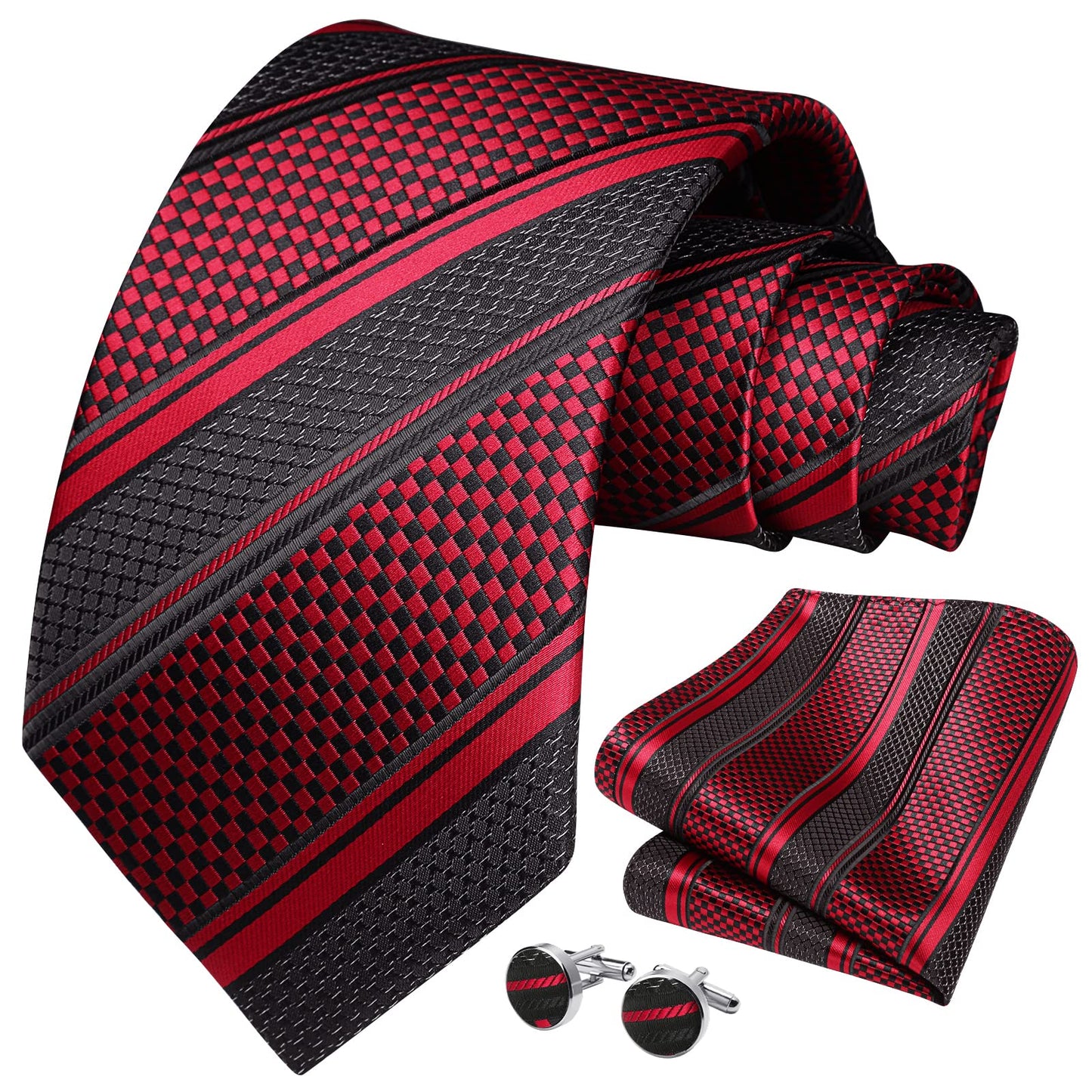 HISDERN Mens Ties Plaid Woven Classic Pocket Square Cufflinks Necktie Set Business Wedding Gift Box