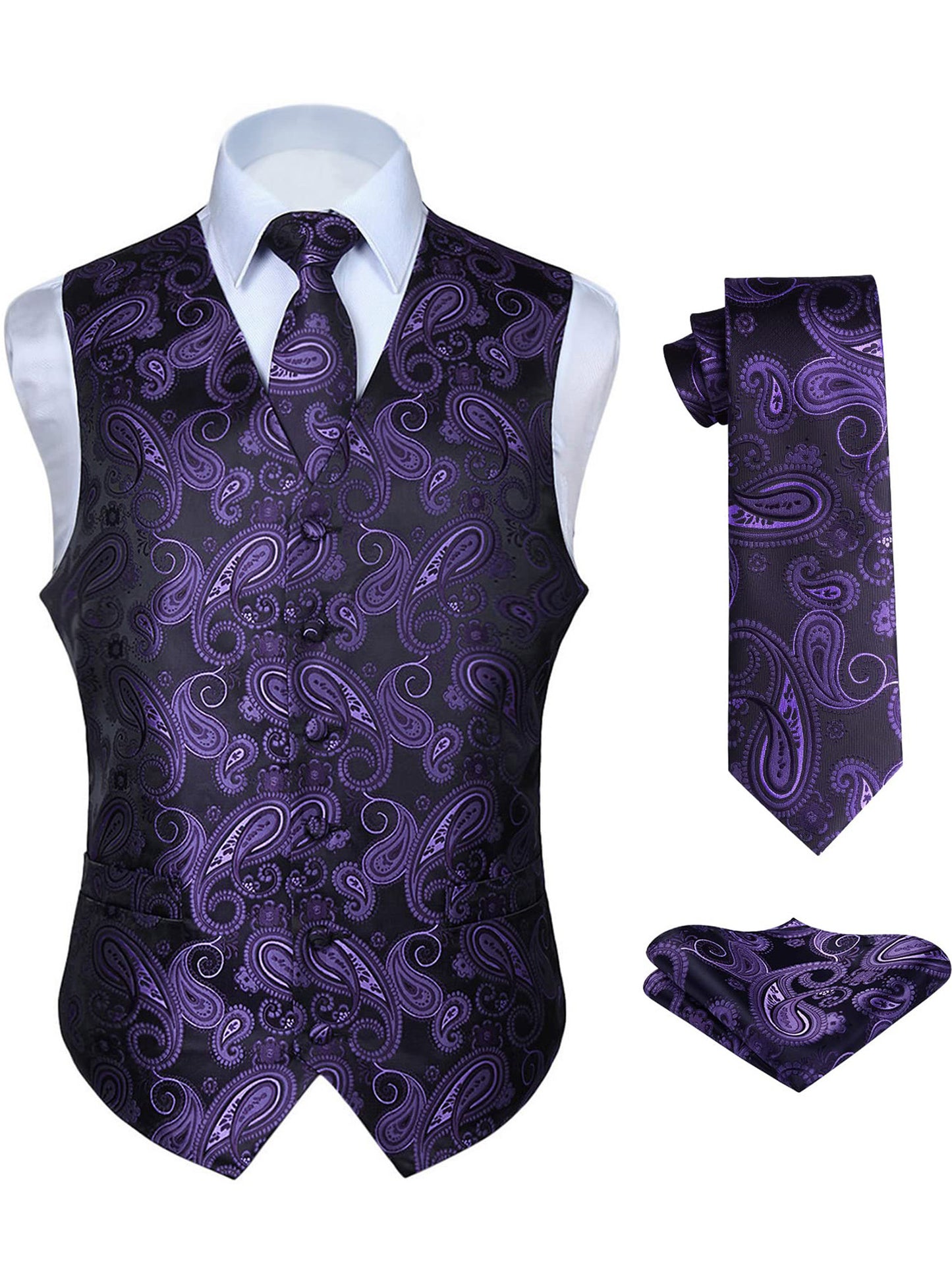 HISDERN Mens Vest Ties Sets Formal Waistcoat Paisley Necktie Pocket Square 3PC Suit Vests