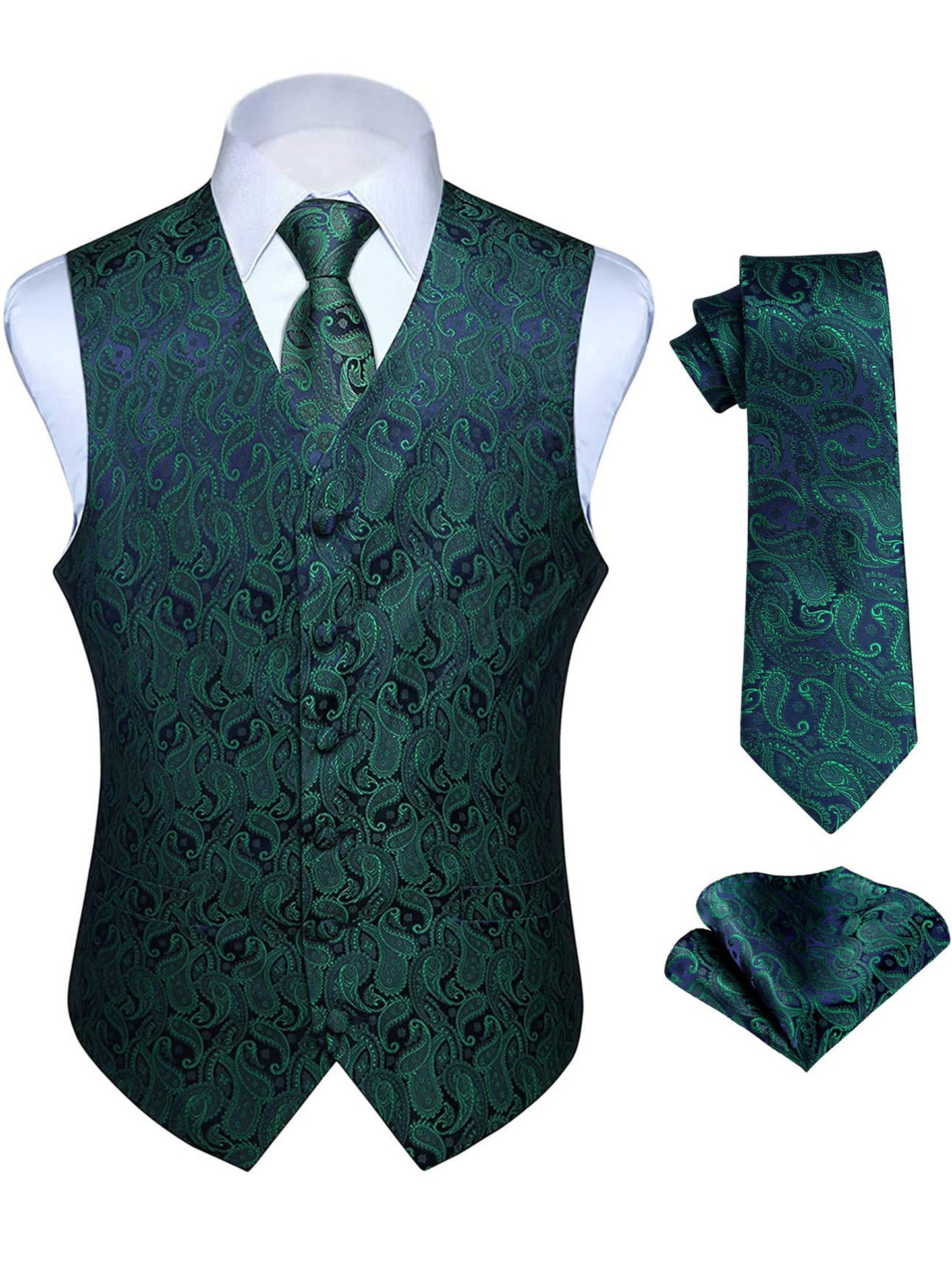 HISDERN Mens Vest Ties Sets Formal Waistcoat Paisley Necktie Pocket Square 3PC Suit Vests