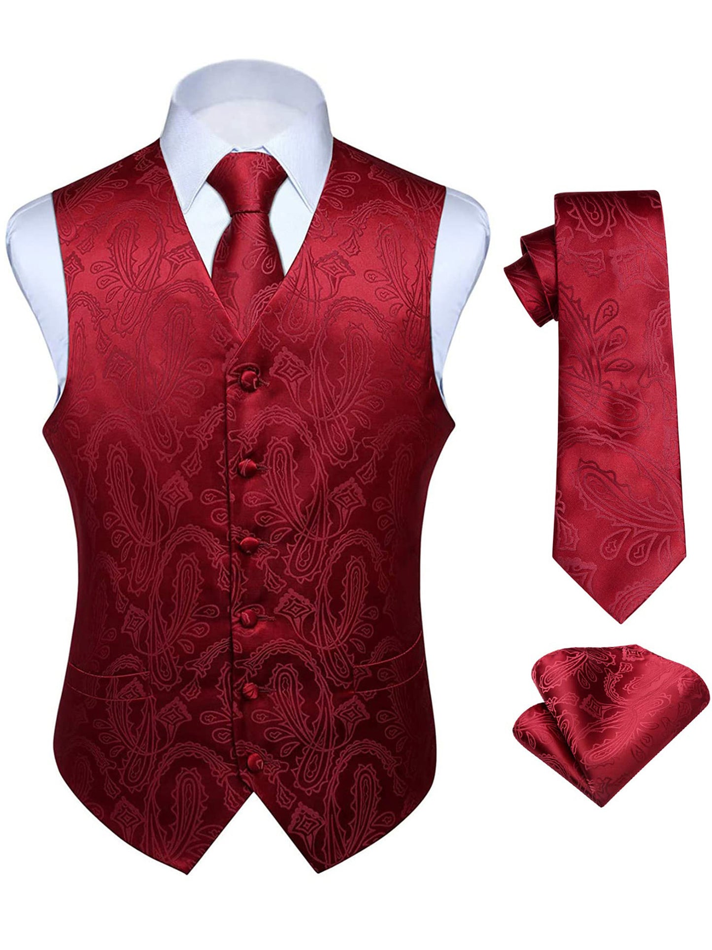 HISDERN Mens Vest Ties Sets Formal Waistcoat Paisley Necktie Pocket Square 3PC Suit Vests