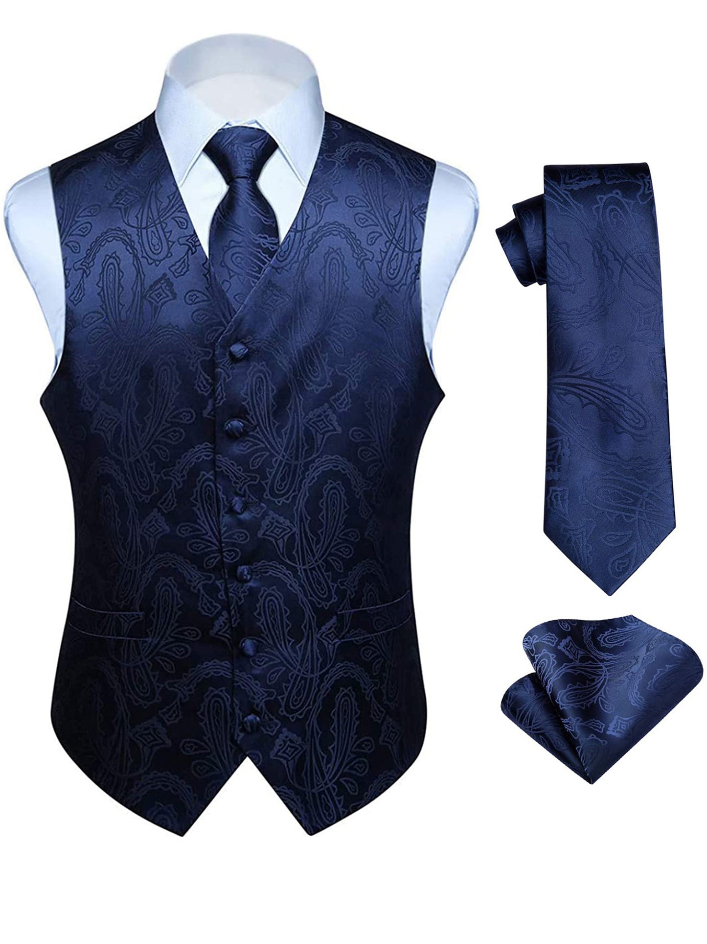 HISDERN Mens Vest Ties Sets Formal Waistcoat Paisley Necktie Pocket Square 3PC Suit Vests