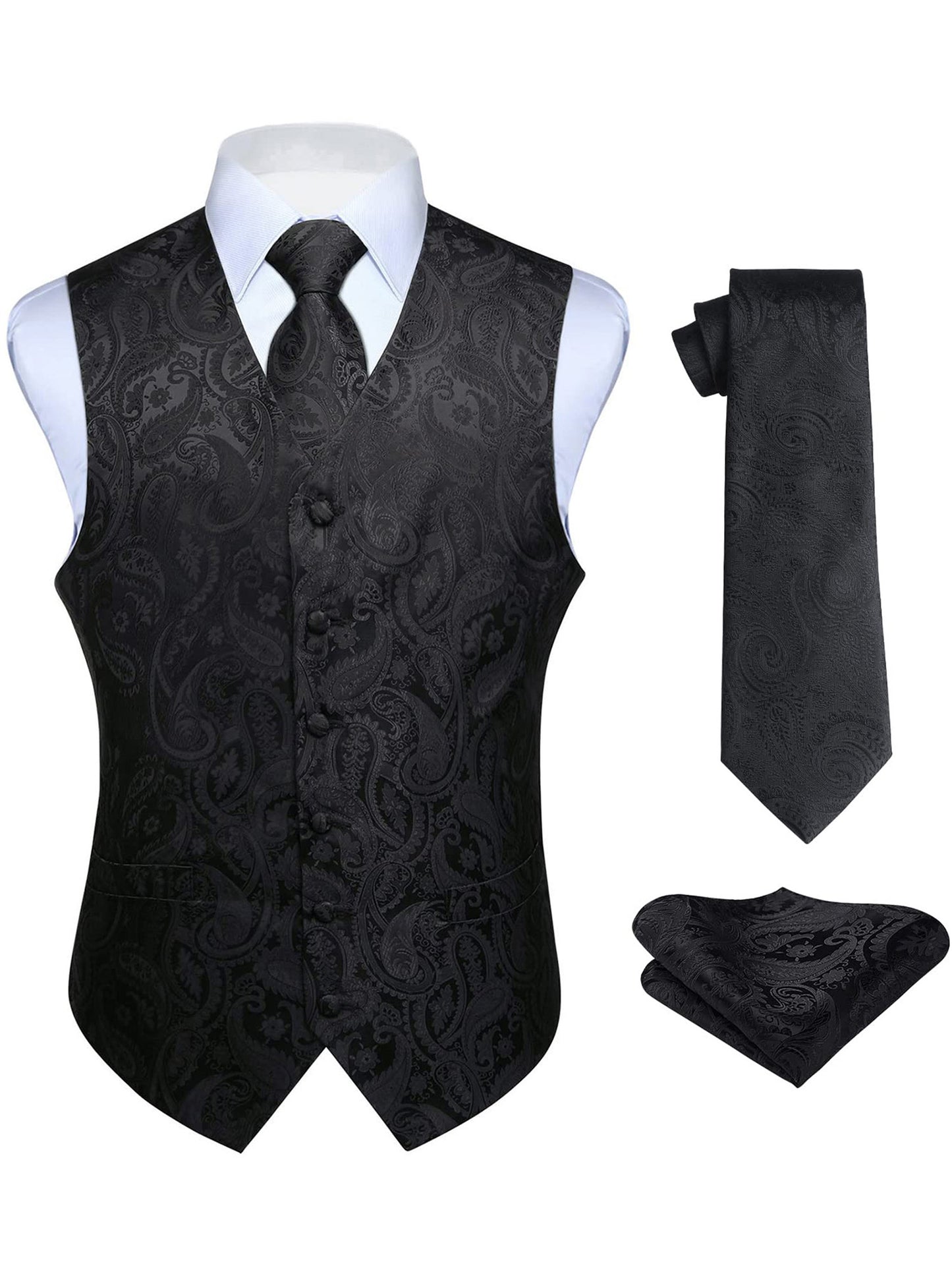 HISDERN Mens Vest Ties Sets Formal Waistcoat Paisley Necktie Pocket Square 3PC Suit Vests
