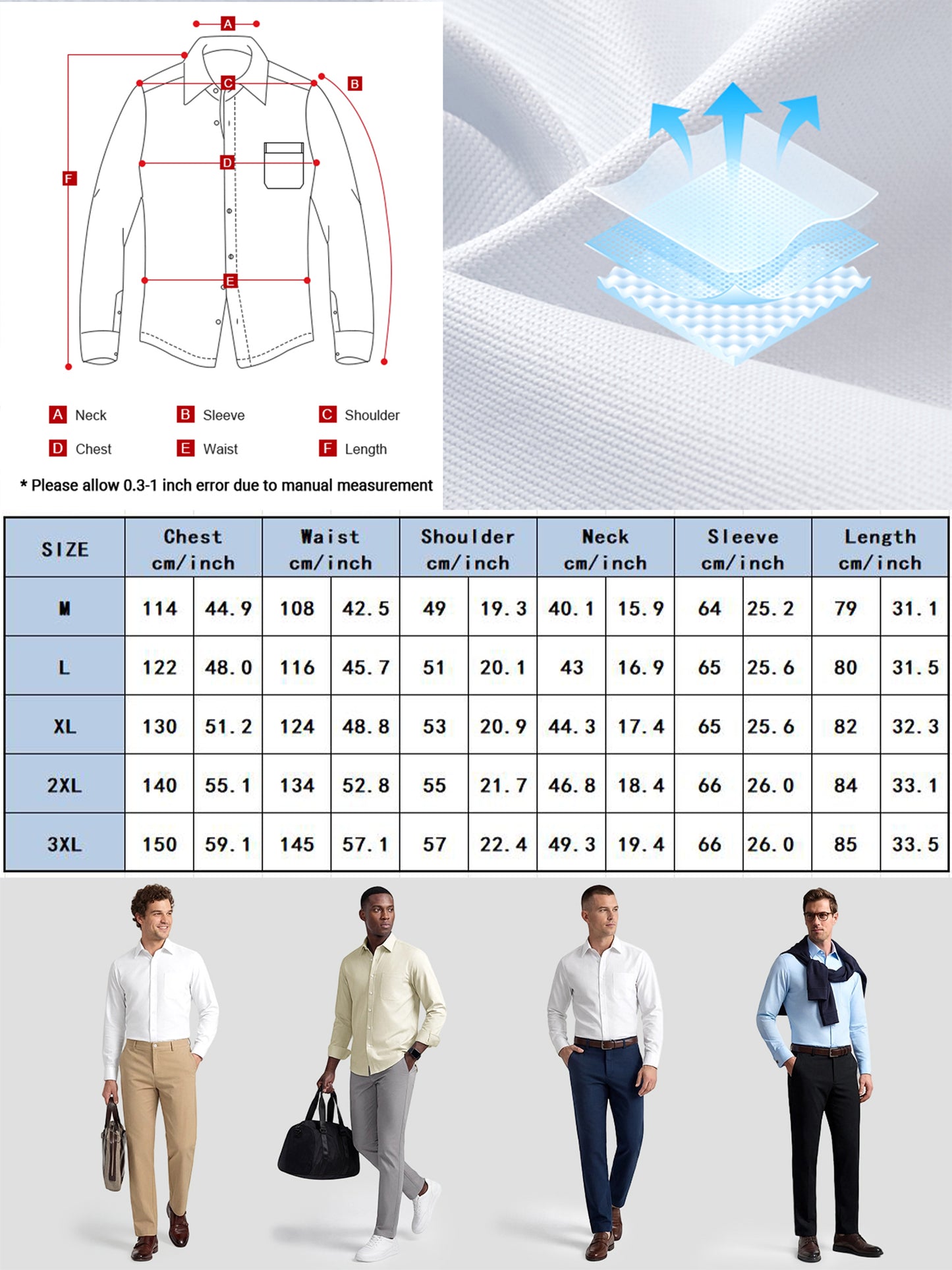 Men's Dress Shirts Long Sleeve Button Down Shirt Casual Formal Business Tops with Pocket