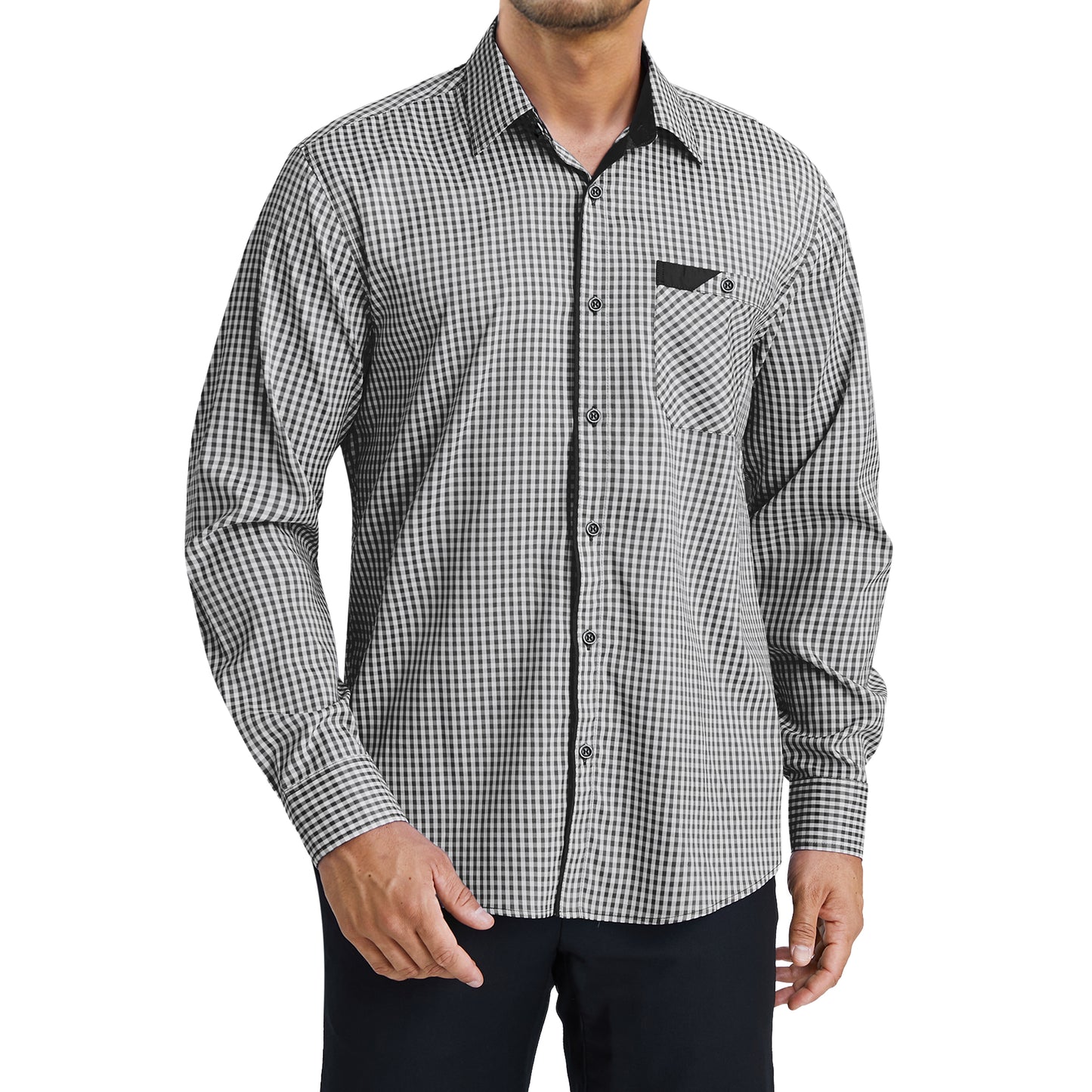 Men's Plaid Button Down Shirts Long Sleeve Dress Shirts Regular Fit Black Shirts with Pocket