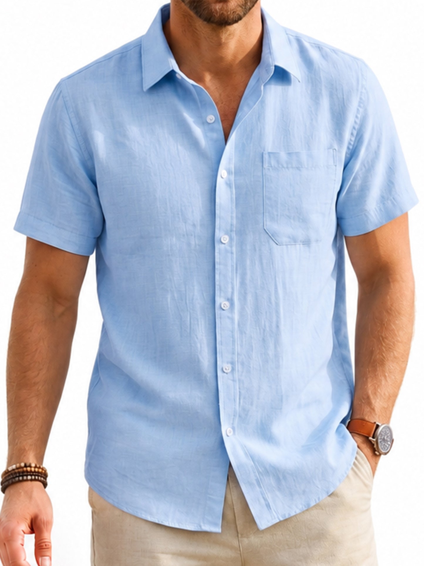 Men's Cotton Linen Short Sleeve Shirts Casual Button Down Shirts Summer Tops with Pocket