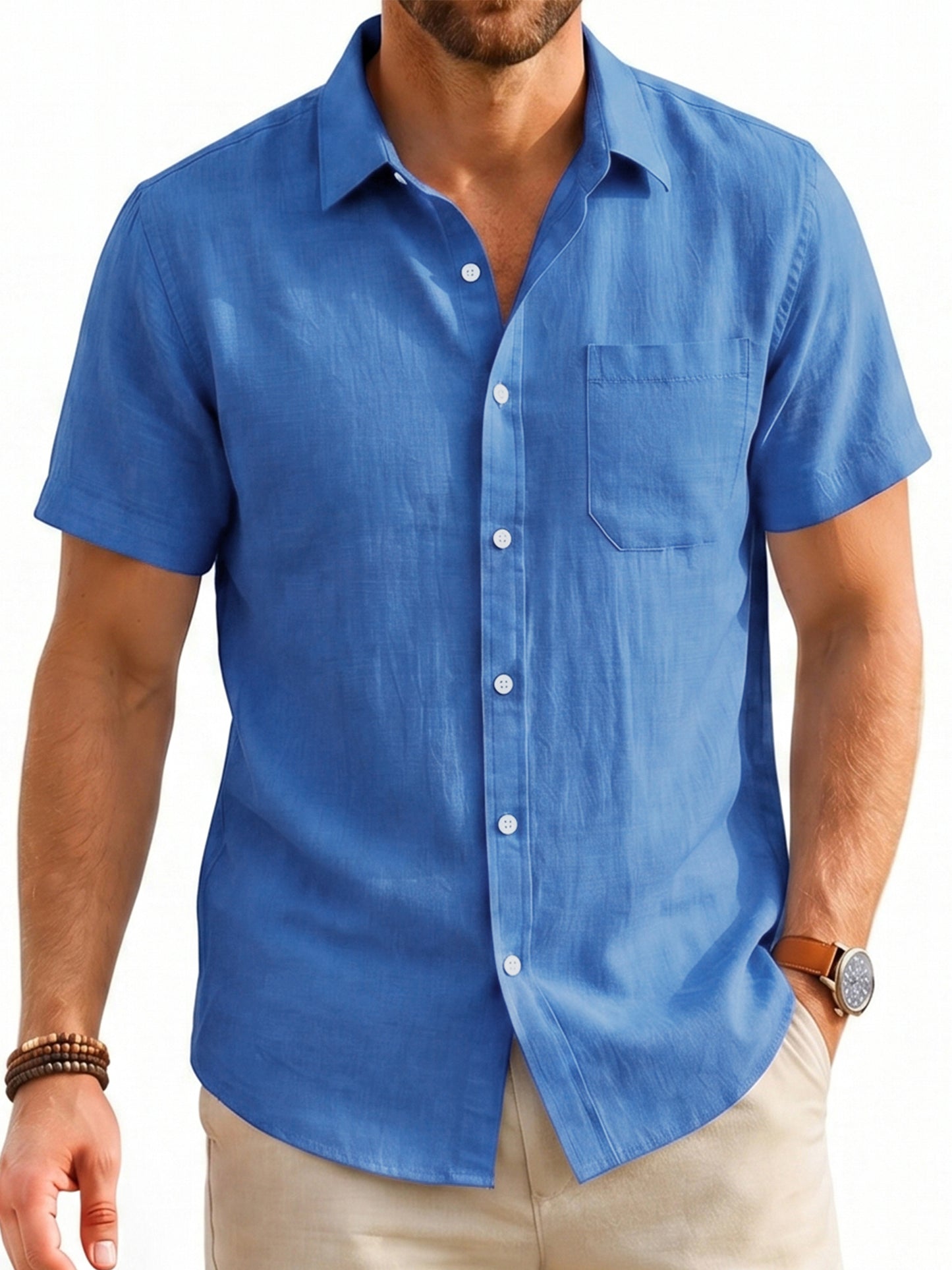 Men's Cotton Linen Short Sleeve Shirts Casual Button Down Shirts Summer Tops with Pocket