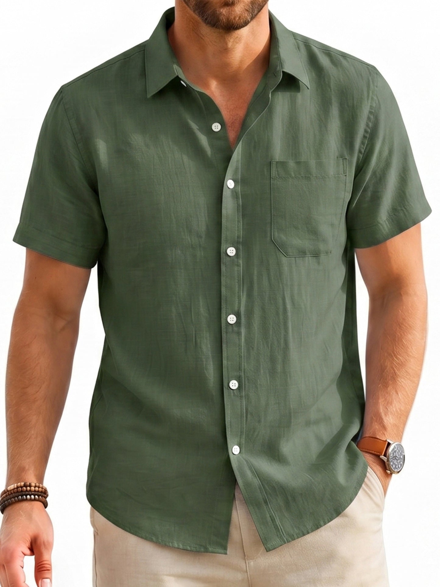Men's Cotton Linen Short Sleeve Shirts Casual Button Down Shirts Summer Tops with Pocket