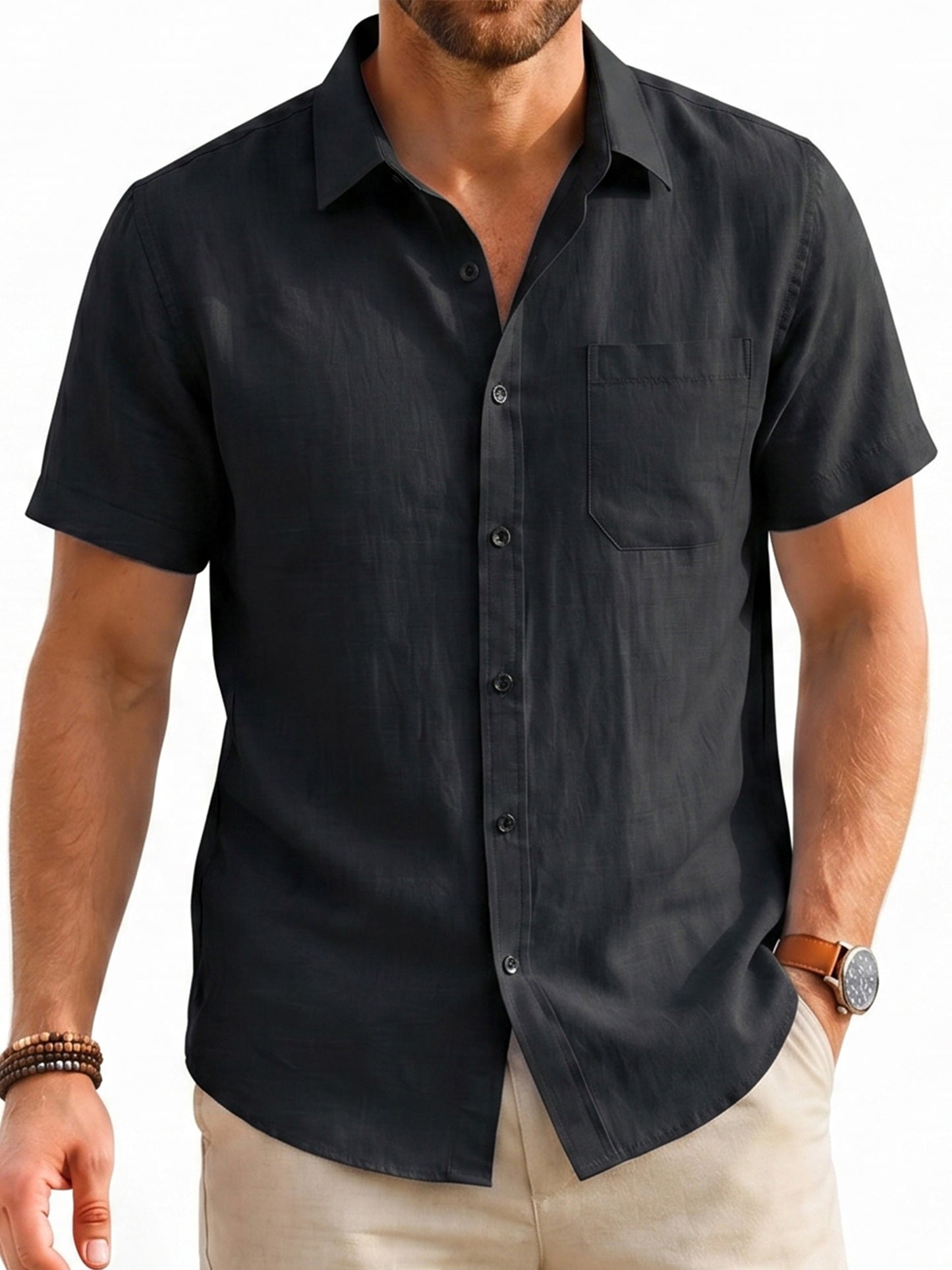 Men's Cotton Linen Short Sleeve Shirts Casual Button Down Shirts Summer Tops with Pocket