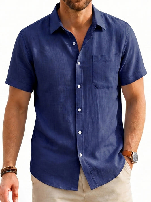 Men's Cotton Linen Short Sleeve Shirts Casual Button Down Shirts Summer Tops with Pocket