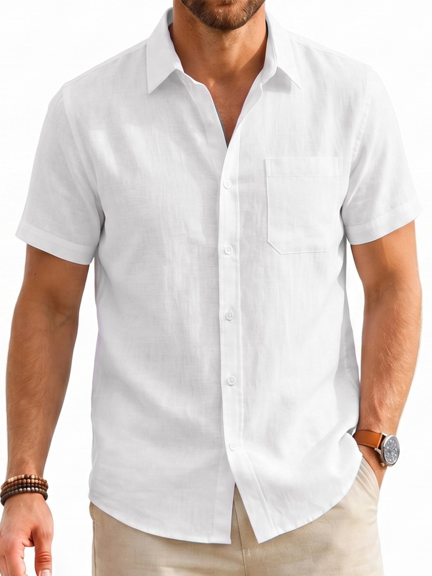 Men's Cotton Linen Short Sleeve Shirts Casual Button Down Shirts Summer Tops with Pocket