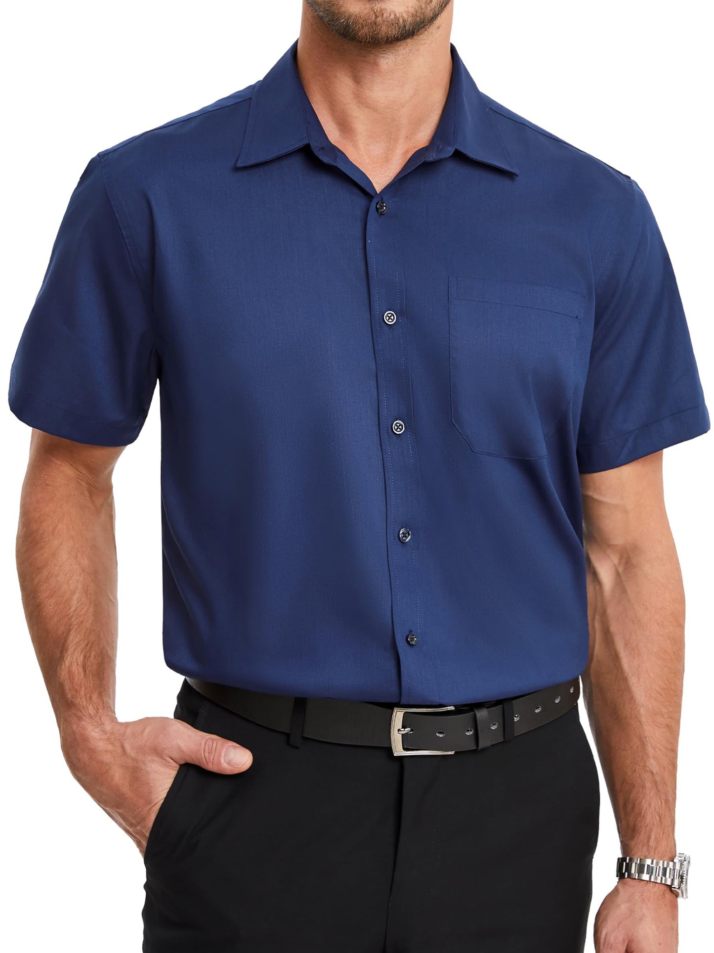 HISDERN Men's Short Sleeve Dress Shirt Stretch Classic Fit Black Button Down Shirt with Pocket