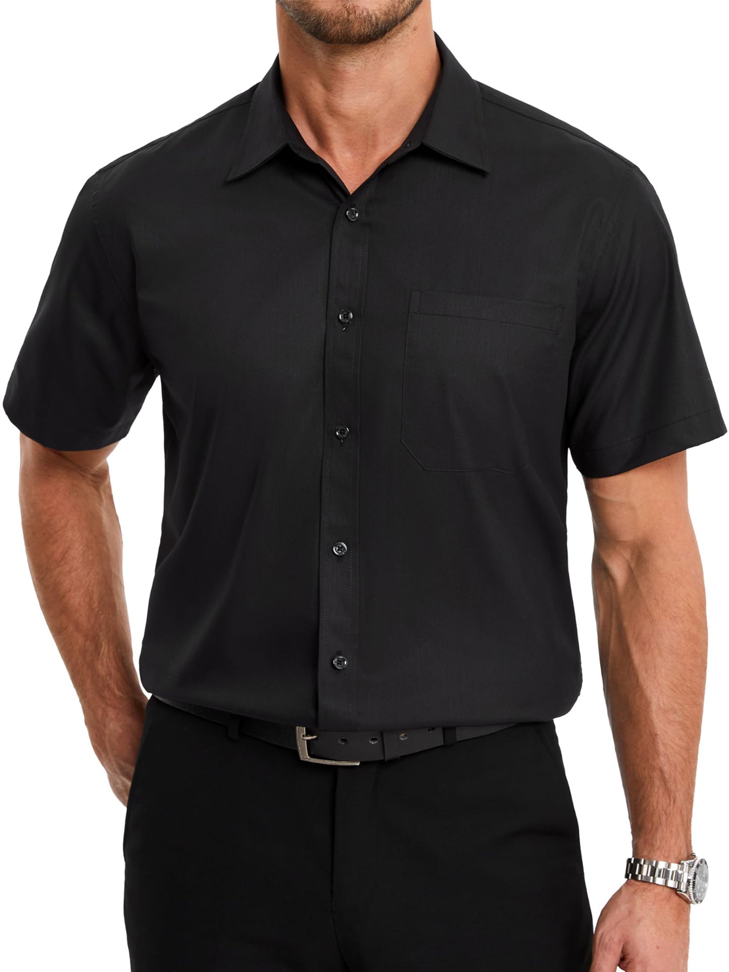 HISDERN Men's Short Sleeve Dress Shirt Stretch Classic Fit Black Button Down Shirt with Pocket