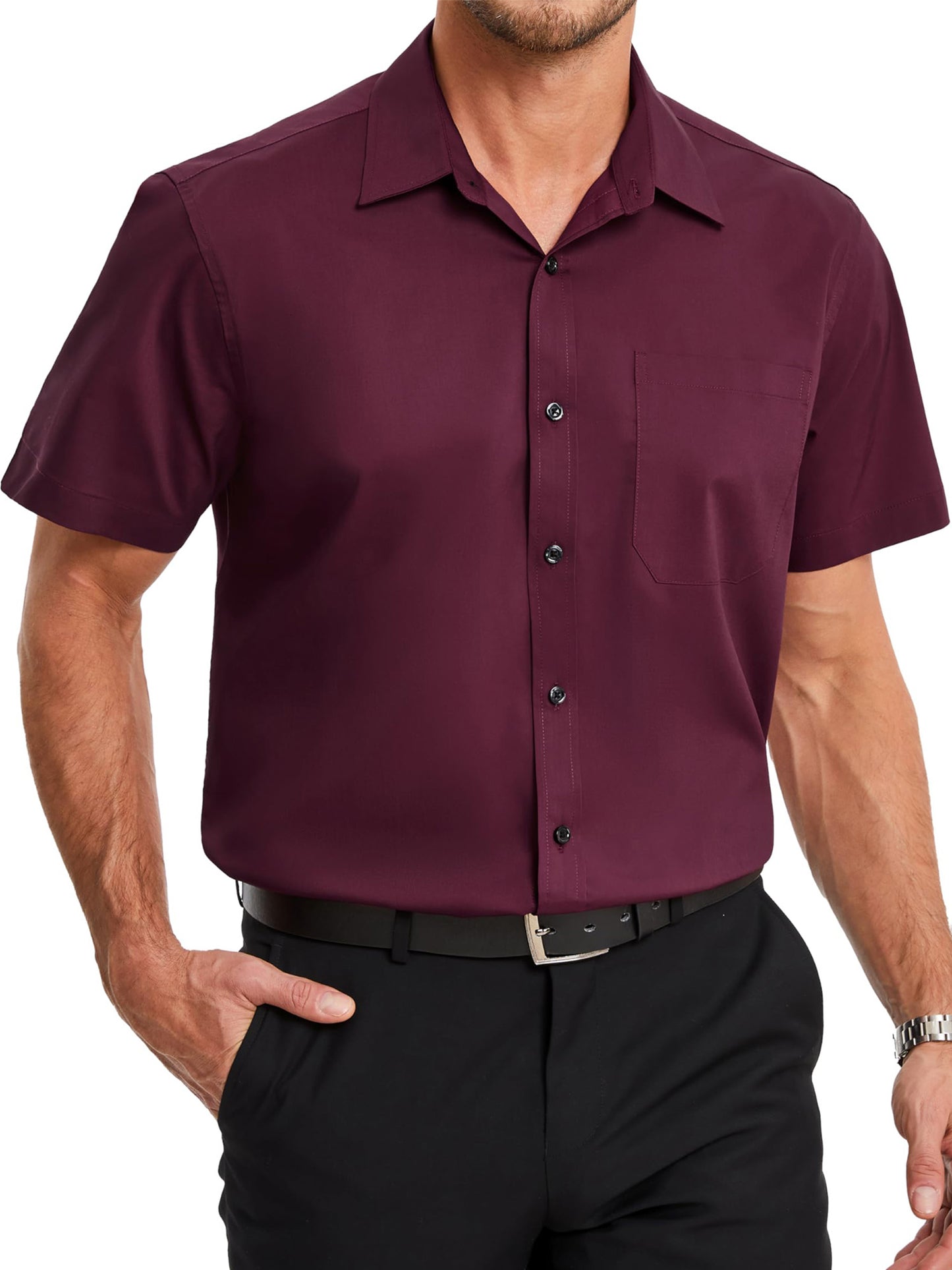 HISDERN Men's Short Sleeve Dress Shirt Stretch Classic Fit Black Button Down Shirt with Pocket