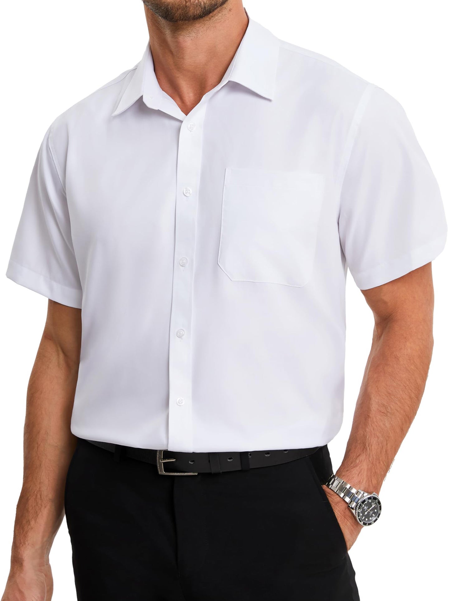 HISDERN Men's Short Sleeve Dress Shirt Stretch Classic Fit Black Button Down Shirt with Pocket