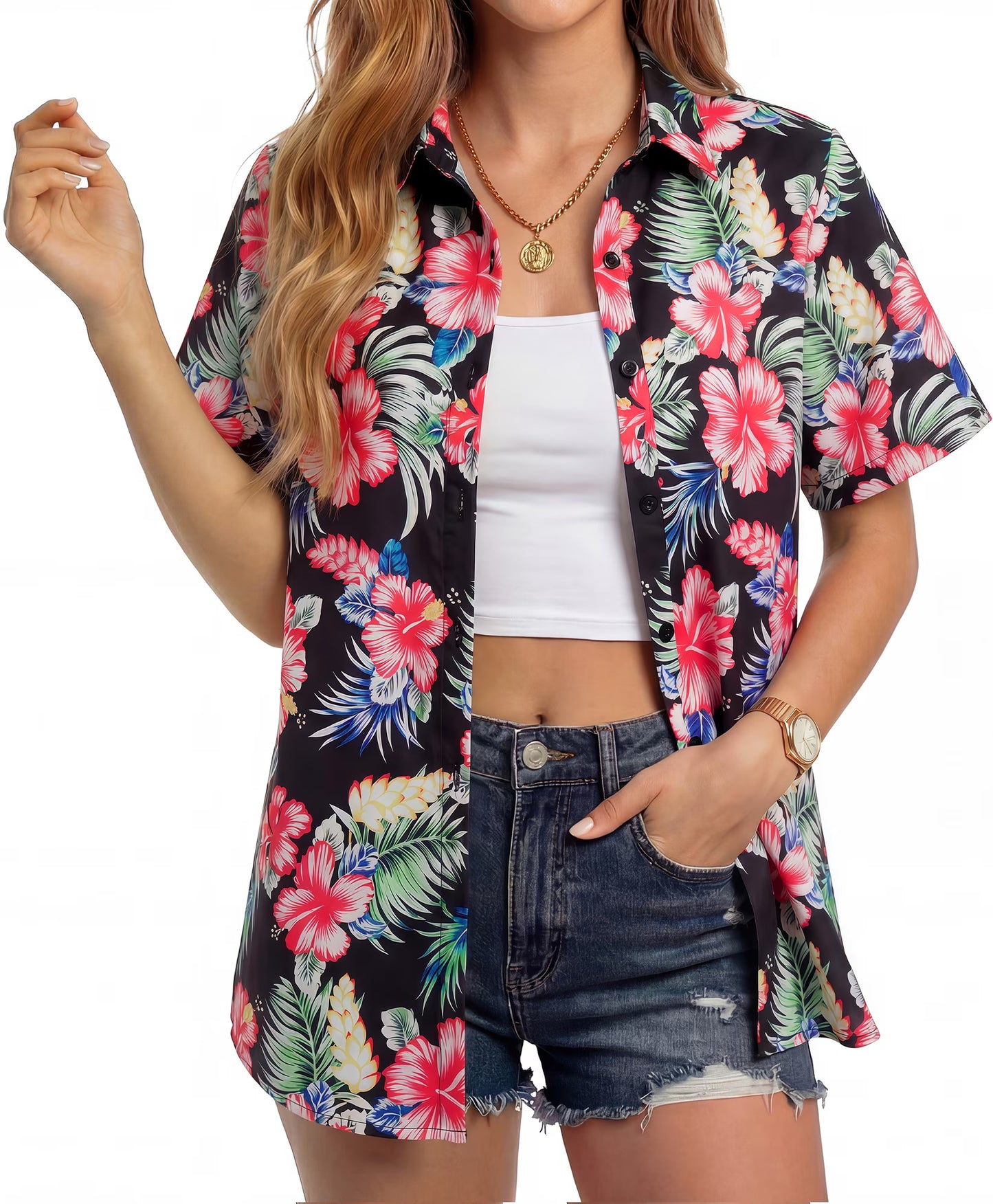 Sprinmer Hawaiian Shirts for Women Casual Short Sleeve Button Down Shirts Floral Aloha Beach Shirt