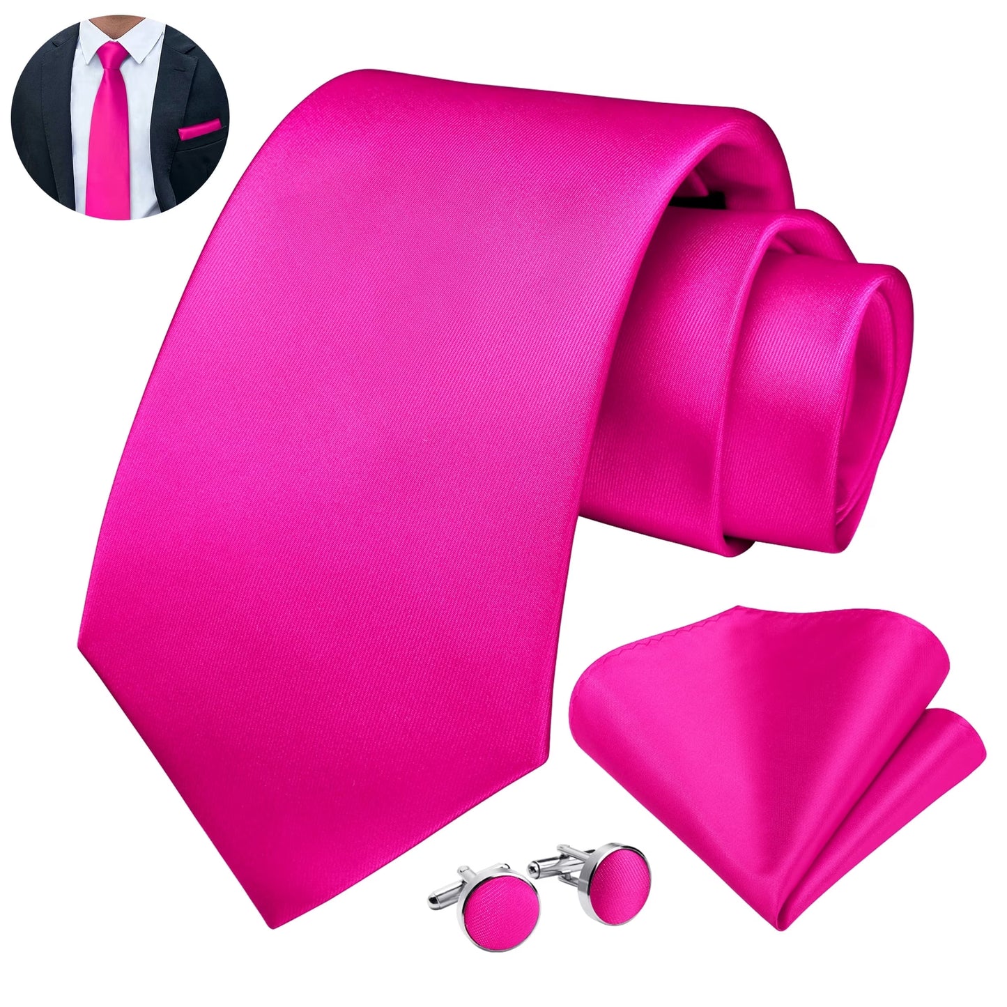 Mens Solid Color Necktie and Pocket Square with Tie Cufflinks Sets for Wedding Party Ties