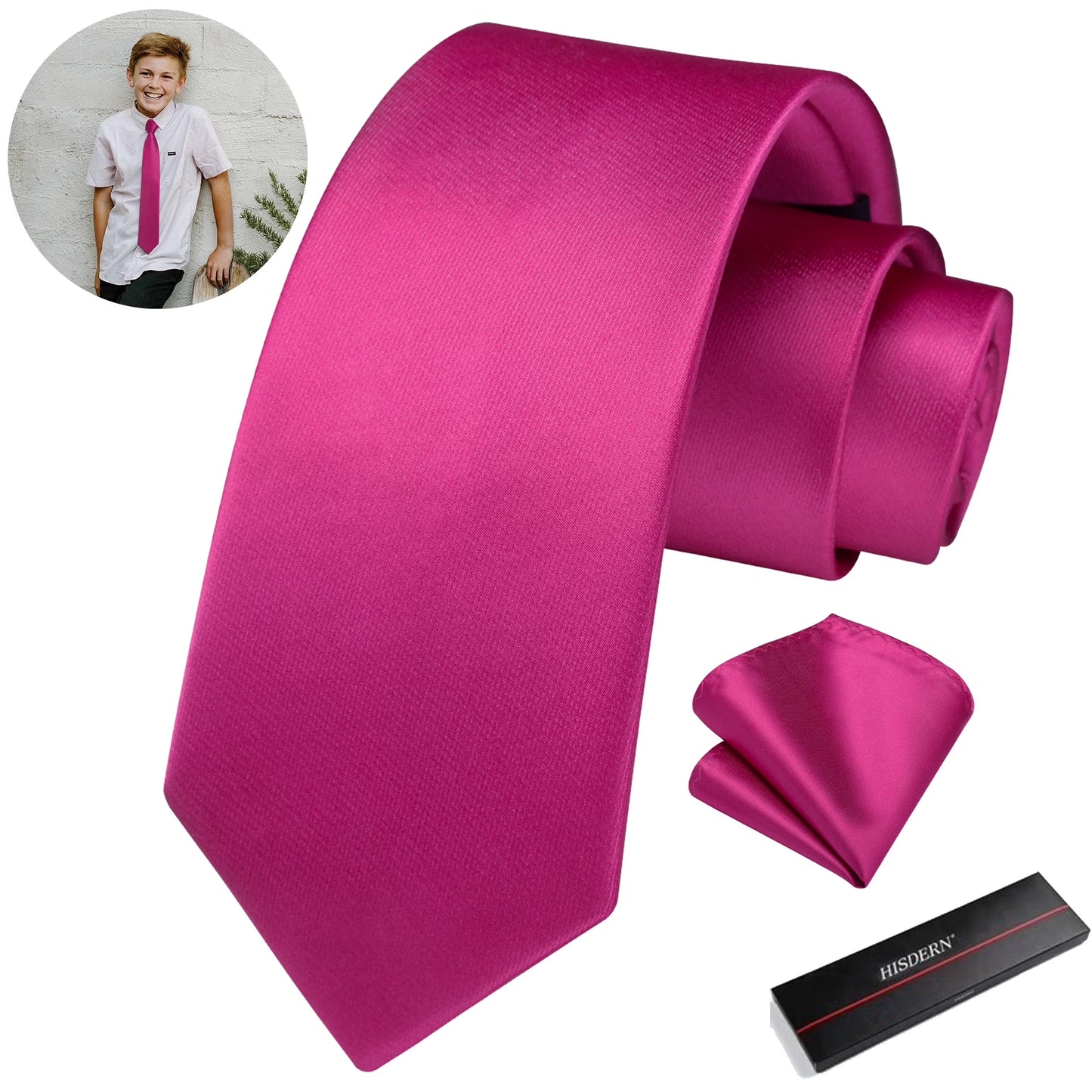Ties for Boys Solid Color Kids Necktie and Pocket Square Set for Age 8-14,49" Neck Tie