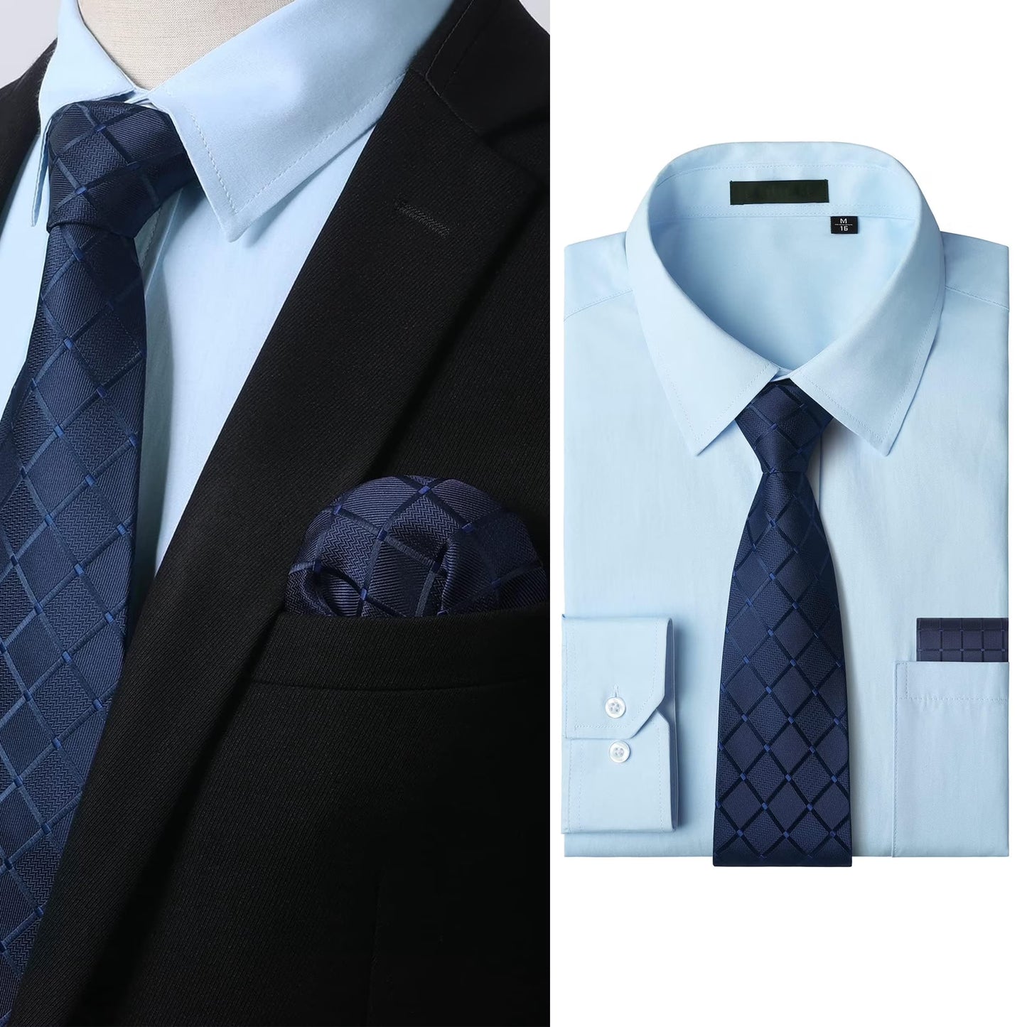 Men's Long Sleeve Dress Shirts Solid Color Button Down Shirts with Tie and Handkerchief Set Shirt