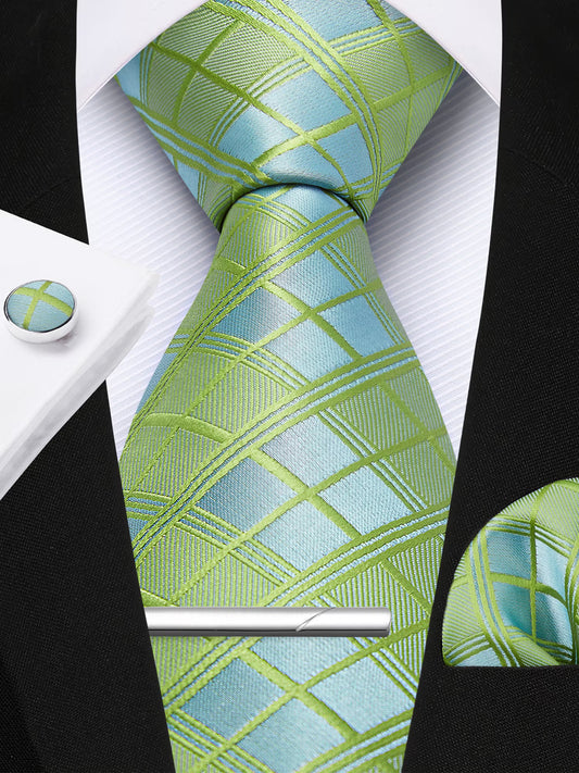 Men Formal Plaid Ties Set Business Neckties Pocket Square Cufflinks Tie Clip Set Wedding