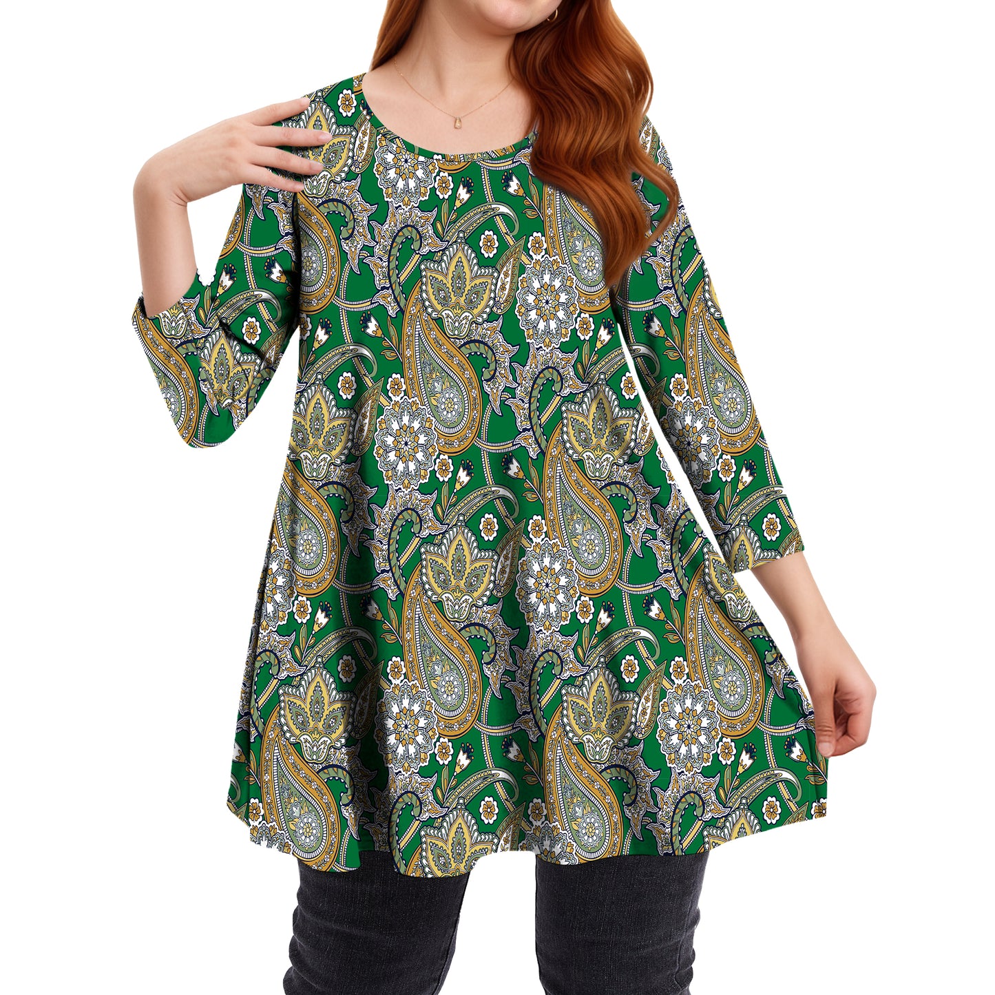 Sprinmer Womens Plus Size Blouses Casual 3/4 Sleeve Loose Fit Paisley Shirts for Leggings