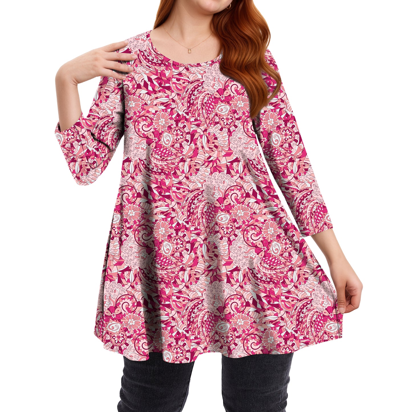 Sprinmer Womens Plus Size Blouses Casual 3/4 Sleeve Loose Fit Paisley Shirts for Leggings