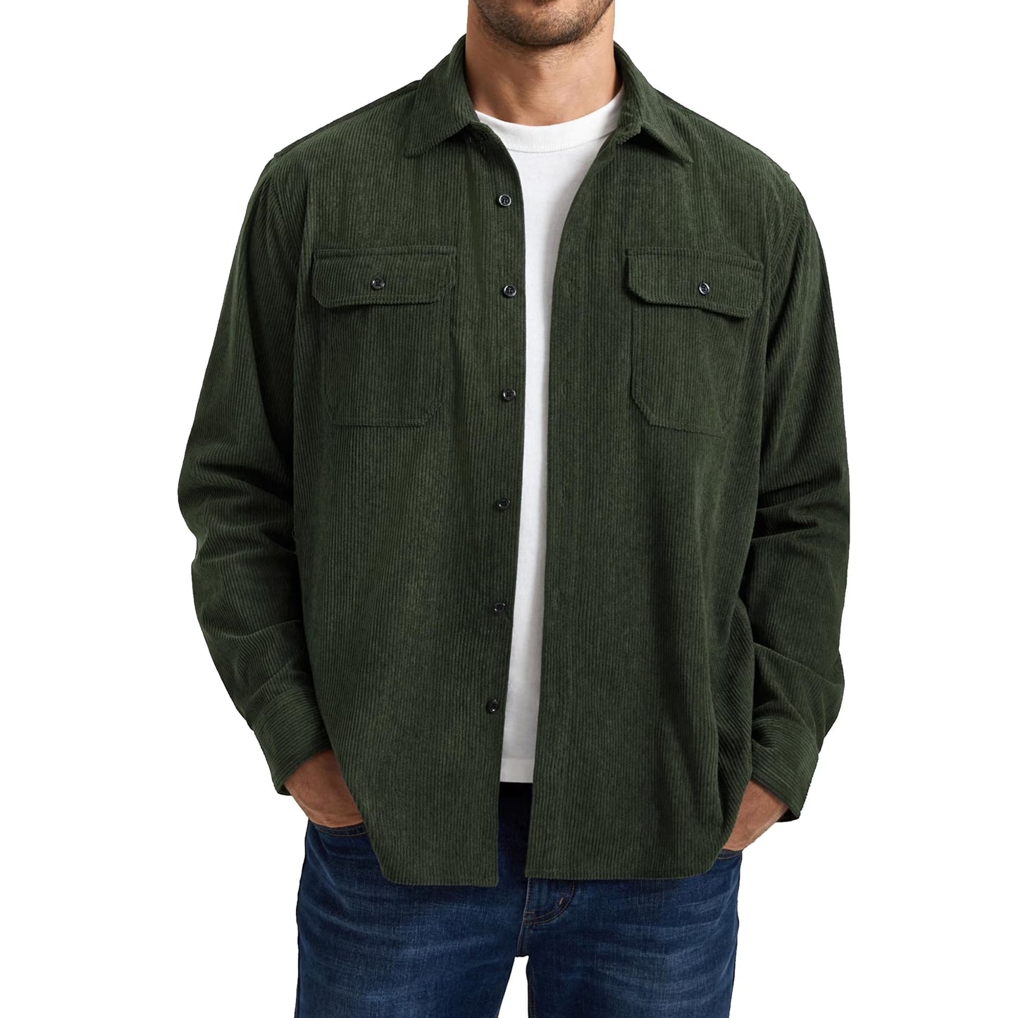 Mens Corduroy Button Down Shirts Long Sleeve Casual Corduroy Shirt Jacket with Flap Pockets Apricot