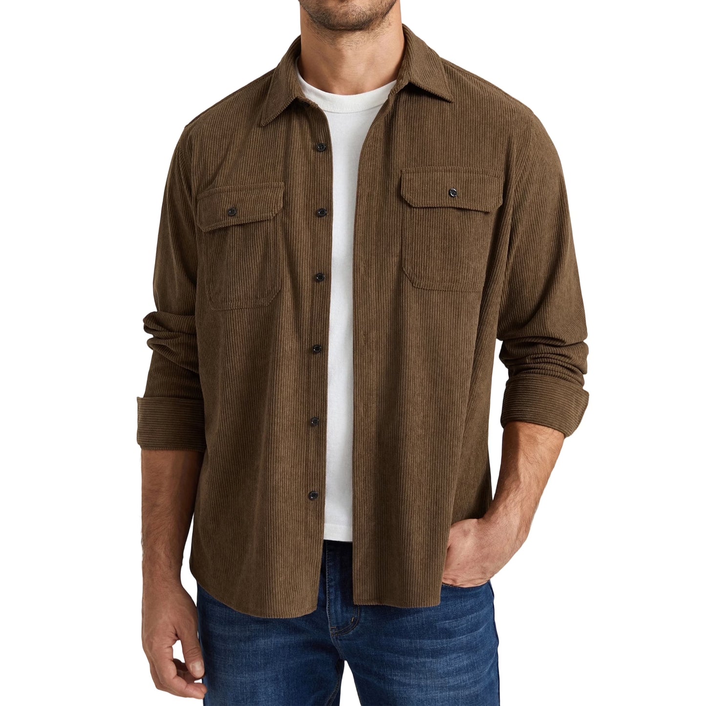 Mens Corduroy Button Down Shirts Long Sleeve Casual Corduroy Shirt Jacket with Flap Pockets Apricot