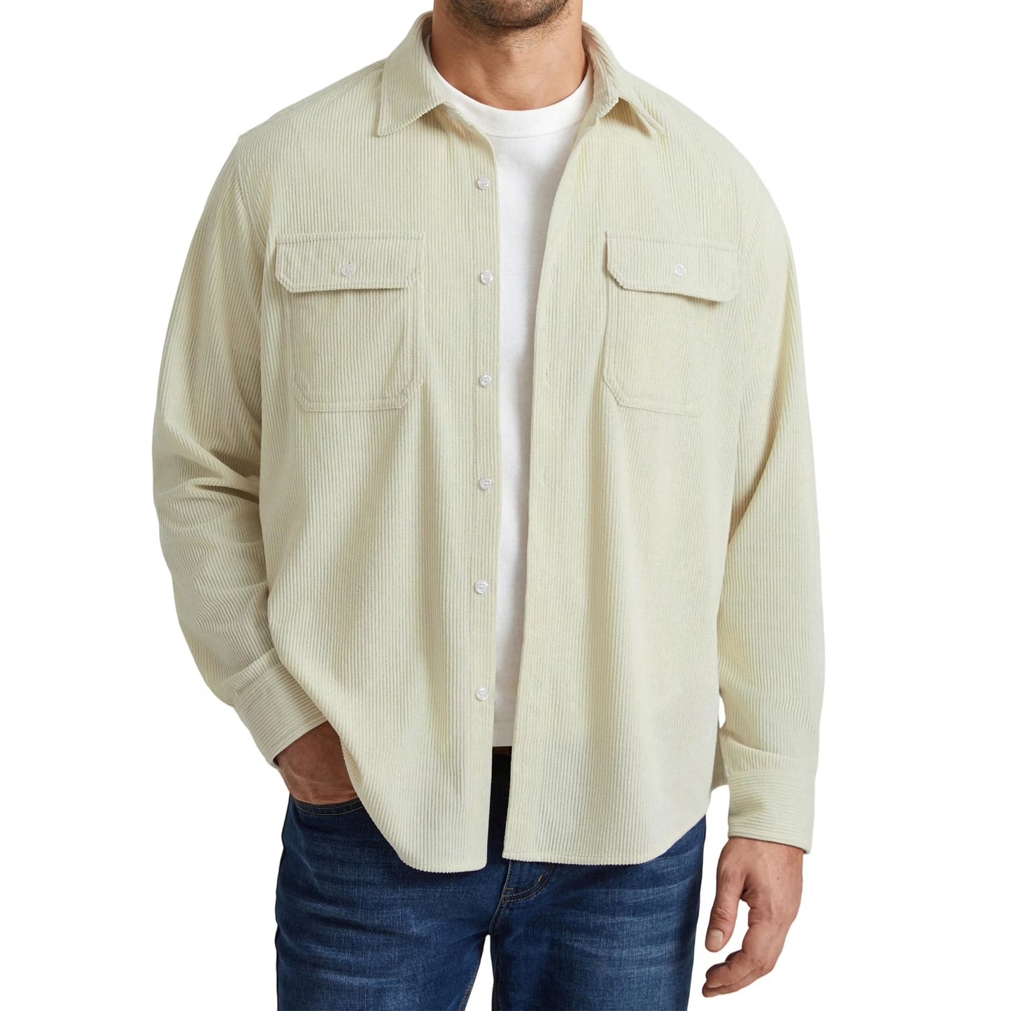 Mens Corduroy Button Down Shirts Long Sleeve Casual Corduroy Shirt Jacket with Flap Pockets Apricot