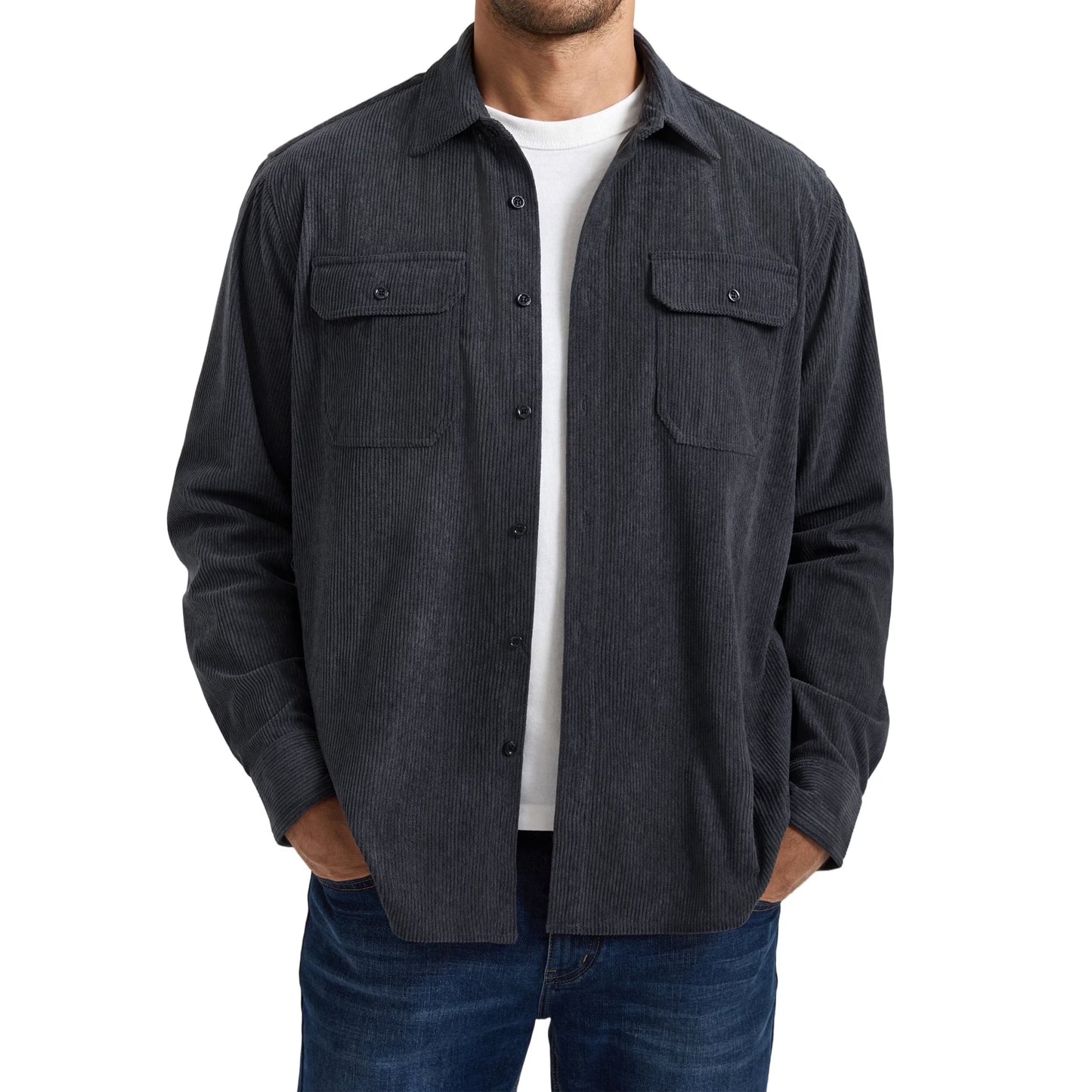 Mens Corduroy Button Down Shirts Long Sleeve Casual Corduroy Shirt Jacket with Flap Pockets Apricot
