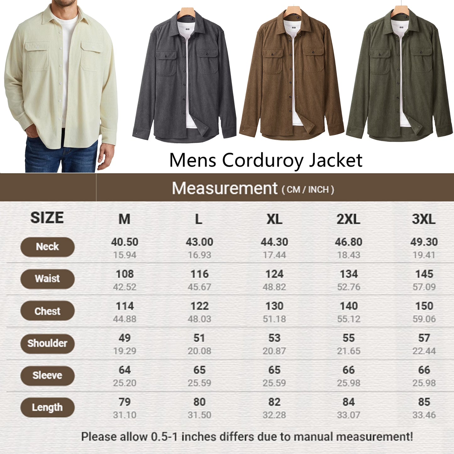 Mens Corduroy Button Down Shirts Long Sleeve Casual Corduroy Shirt Jacket with Flap Pockets Apricot