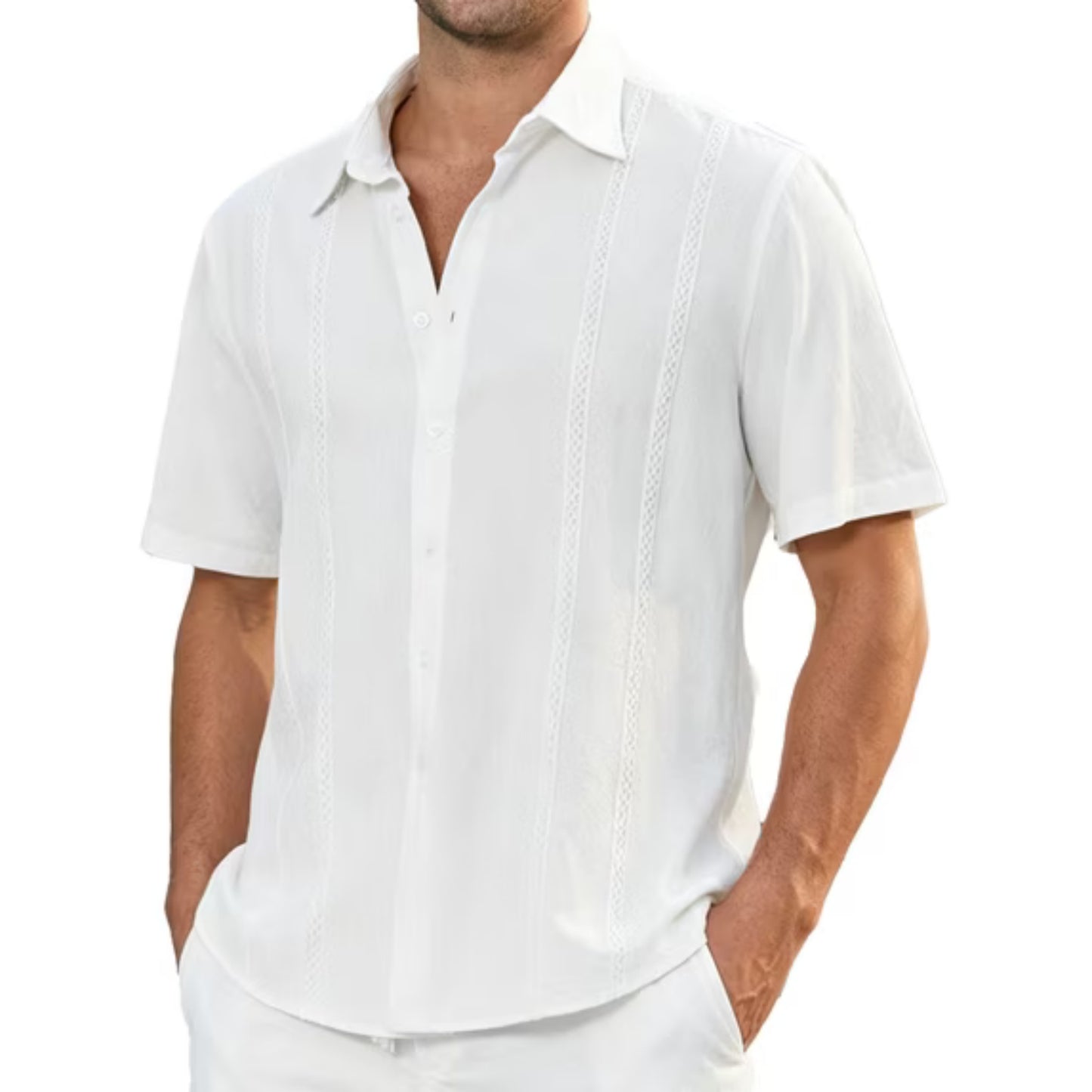 Men's Cuban Guayabera Shirt Short Sleeve Button Up Cotton Linen Shirt for Beach Casual Wear