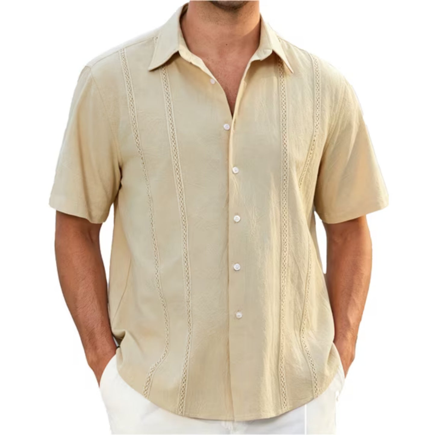 Men's Cuban Guayabera Shirt Short Sleeve Button Up Cotton Linen Shirt for Beach Casual Wear