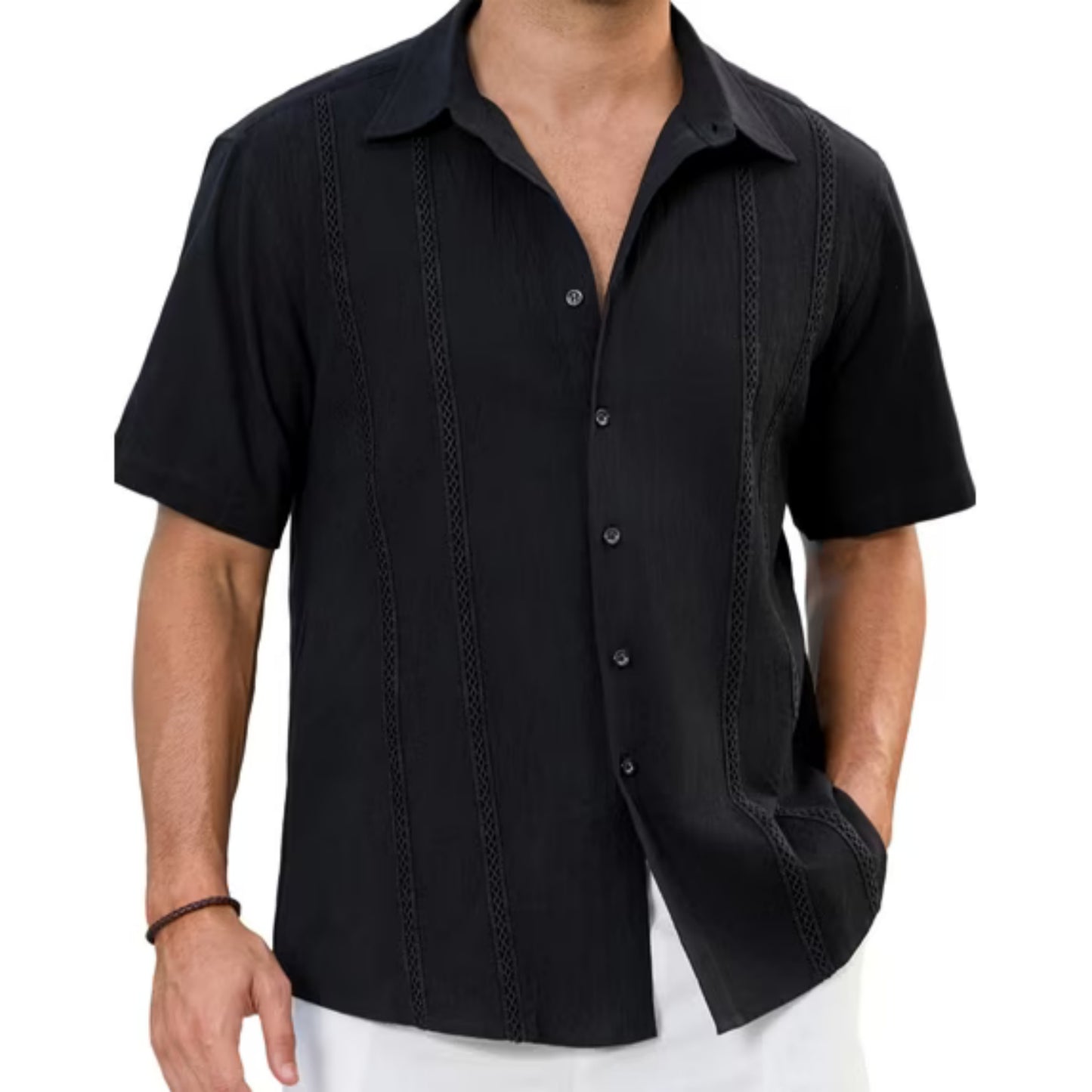 Men's Cuban Guayabera Shirt Short Sleeve Button Up Cotton Linen Shirt for Beach Casual Wear