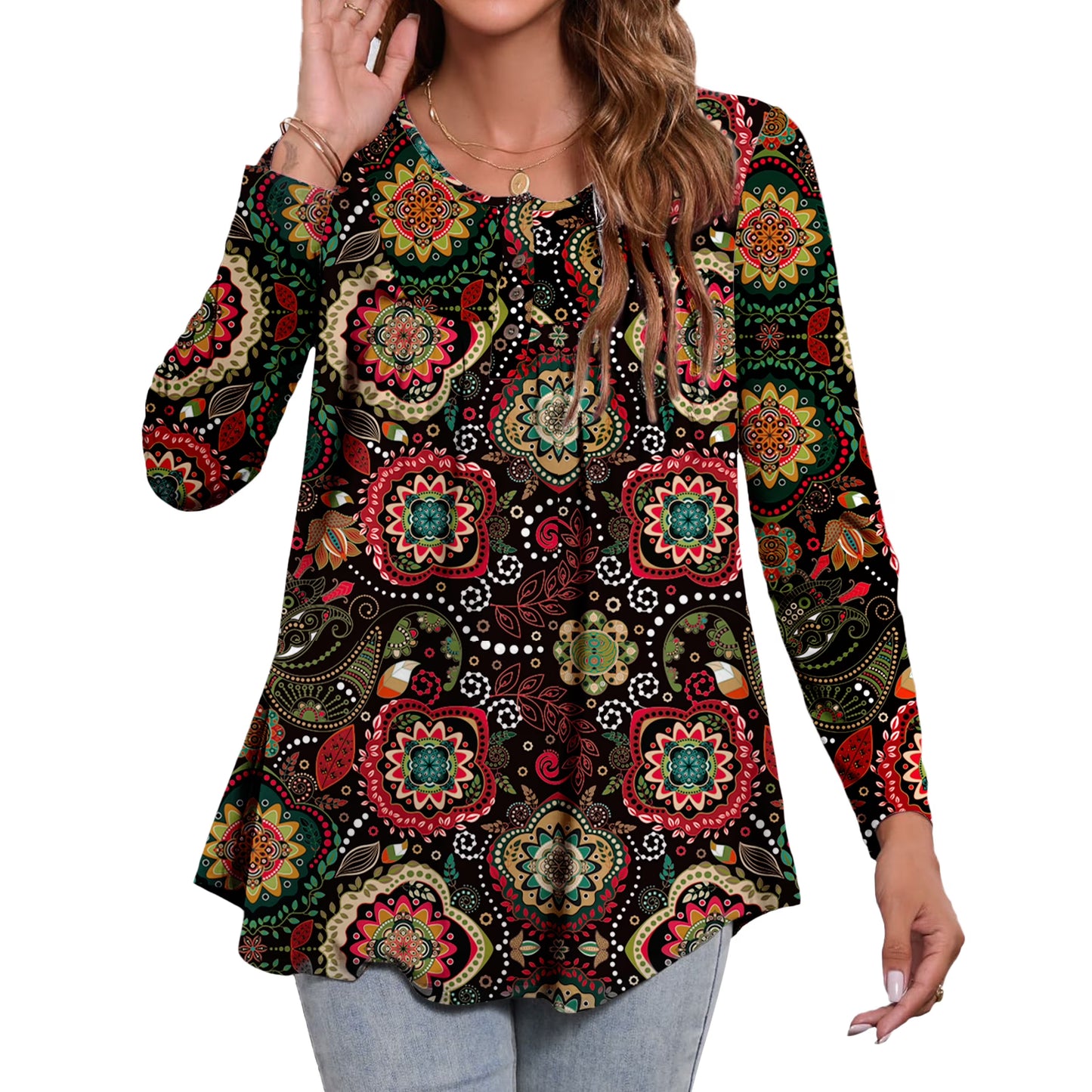 Sprinmer Womens Tunic Tops Casual Loose Fit Floral Fall Blouses