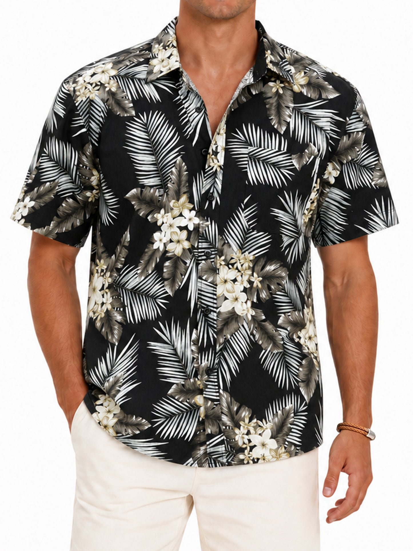 Sumtumn Hawaiian Shirt for Men,Summer Beach Short Sleeve Button Down Shirts Black Palm Clothing