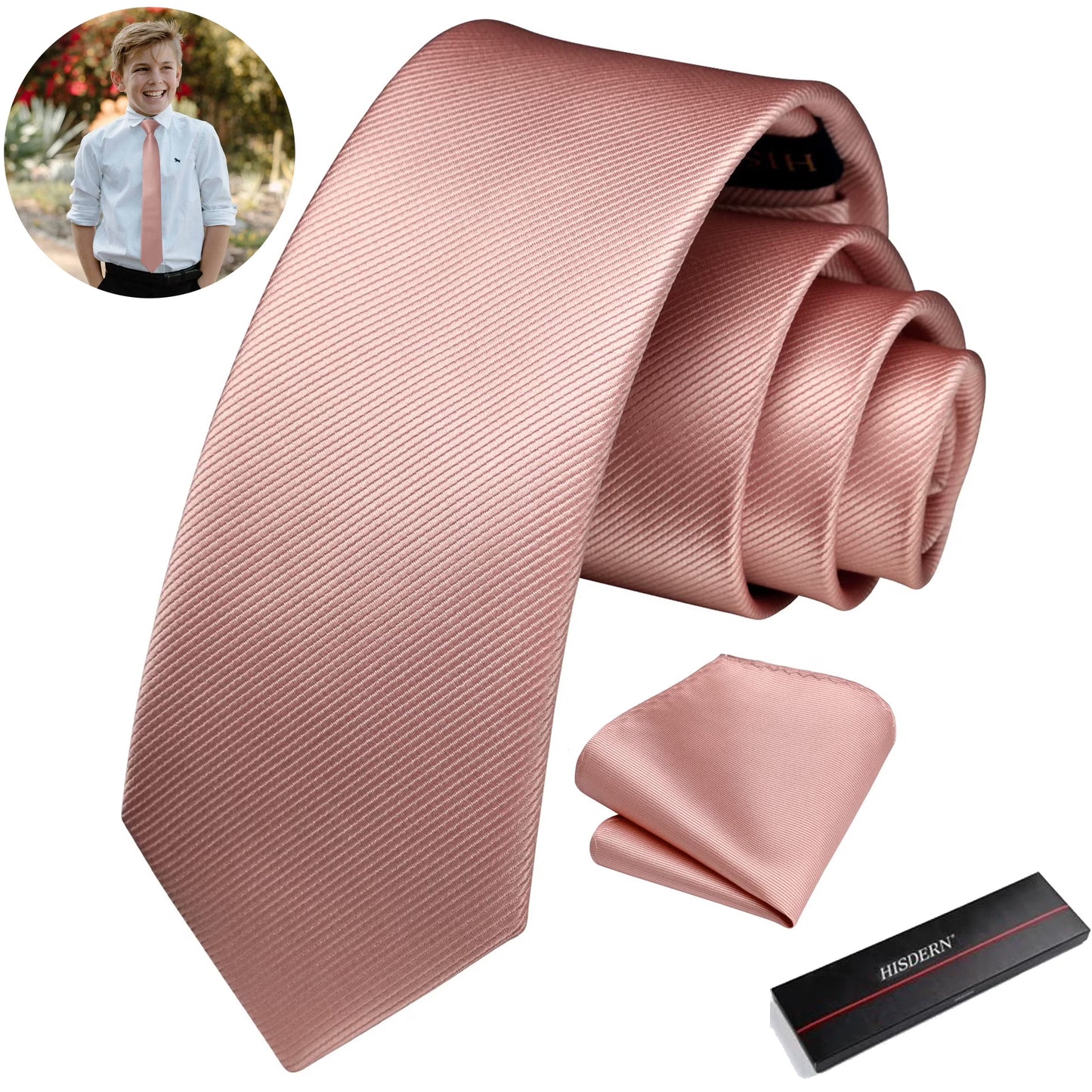 Ties for Boys Solid Color Kids Necktie and Pocket Square Set for Age 8-14,49" Neck Tie