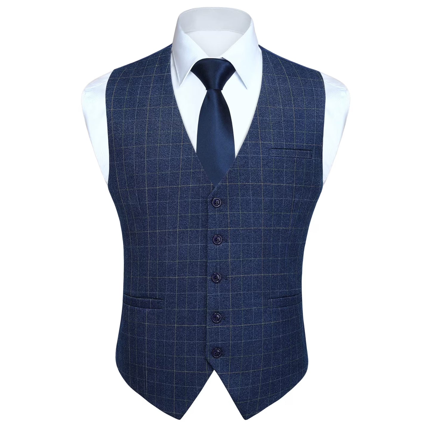 HISDERN Men's Plaid Suit Vest Sky Blue Business Formal Dress Vests Wedding Waistcoat for Tuxedo