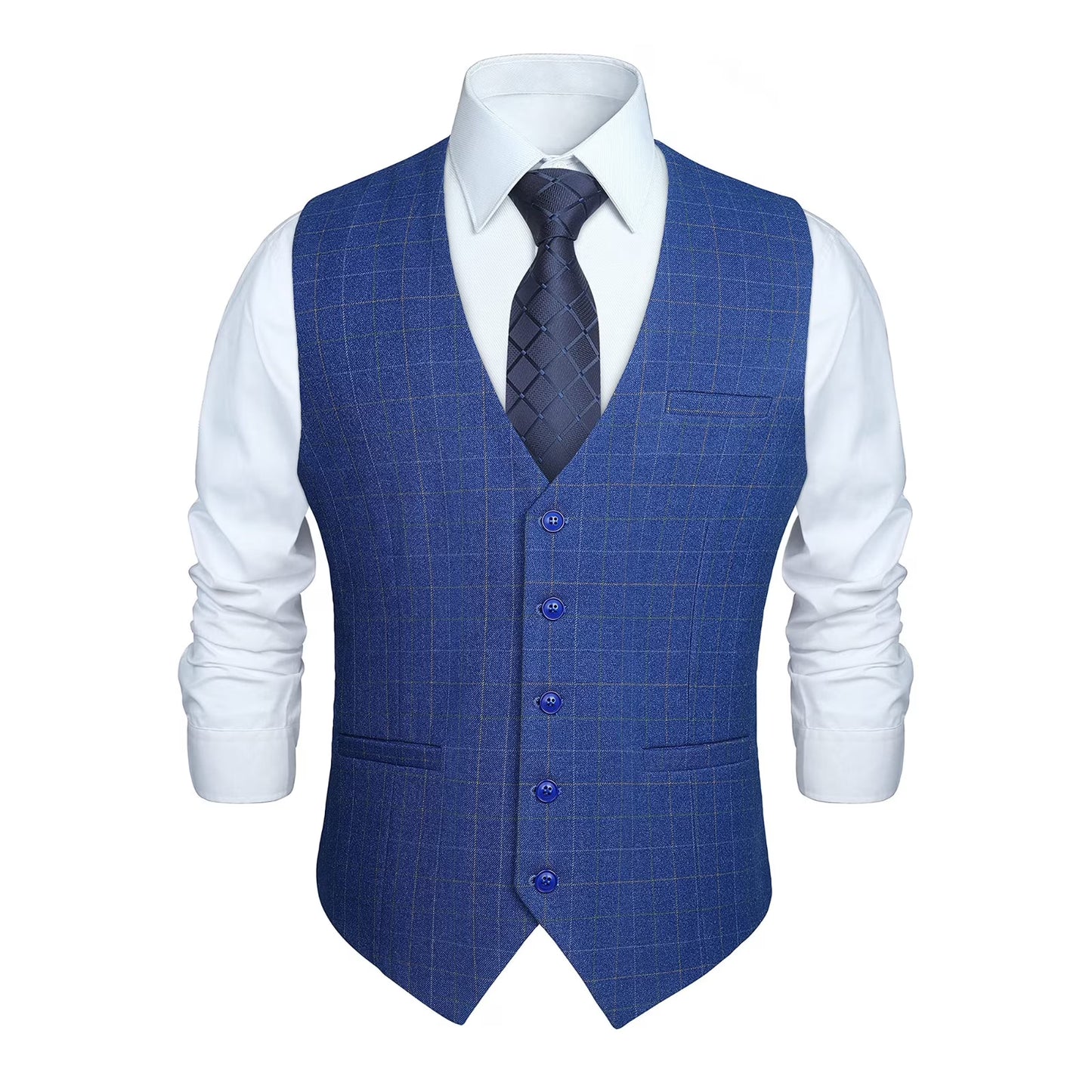 HISDERN Men's Plaid Suit Vest Sky Blue Business Formal Dress Vests Wedding Waistcoat for Tuxedo