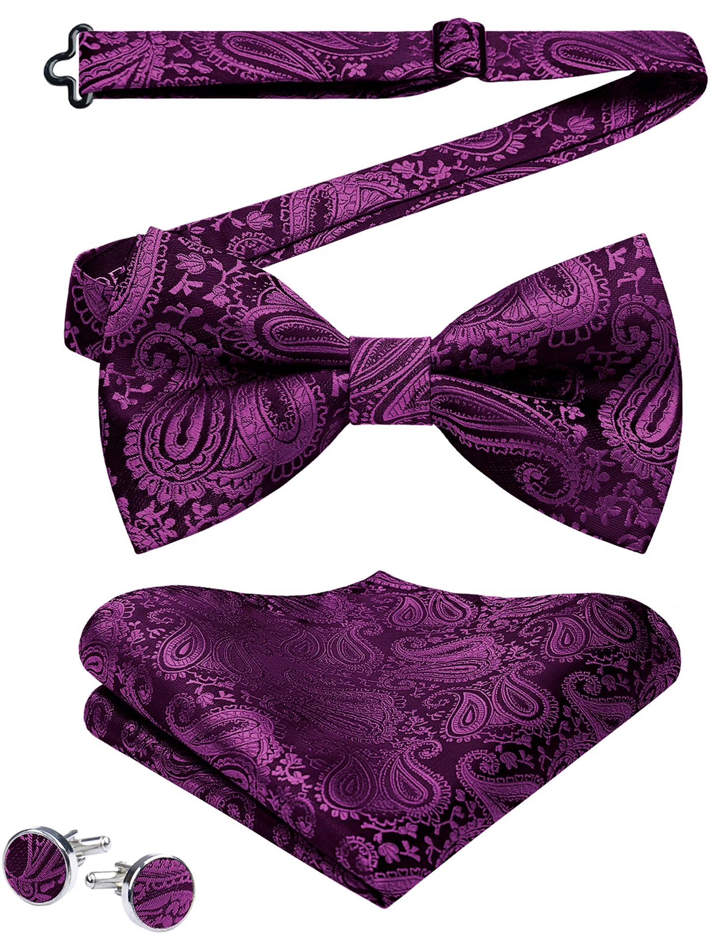 Bow Tie for Men Paisley Pretied Bowties Adjustable Tuxedos Bowtie Handkerchief Cufflinks Set