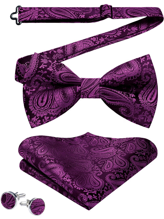 Bow Tie for Men Paisley Pretied Bowties Adjustable Tuxedos Bowtie Handkerchief Cufflinks Set