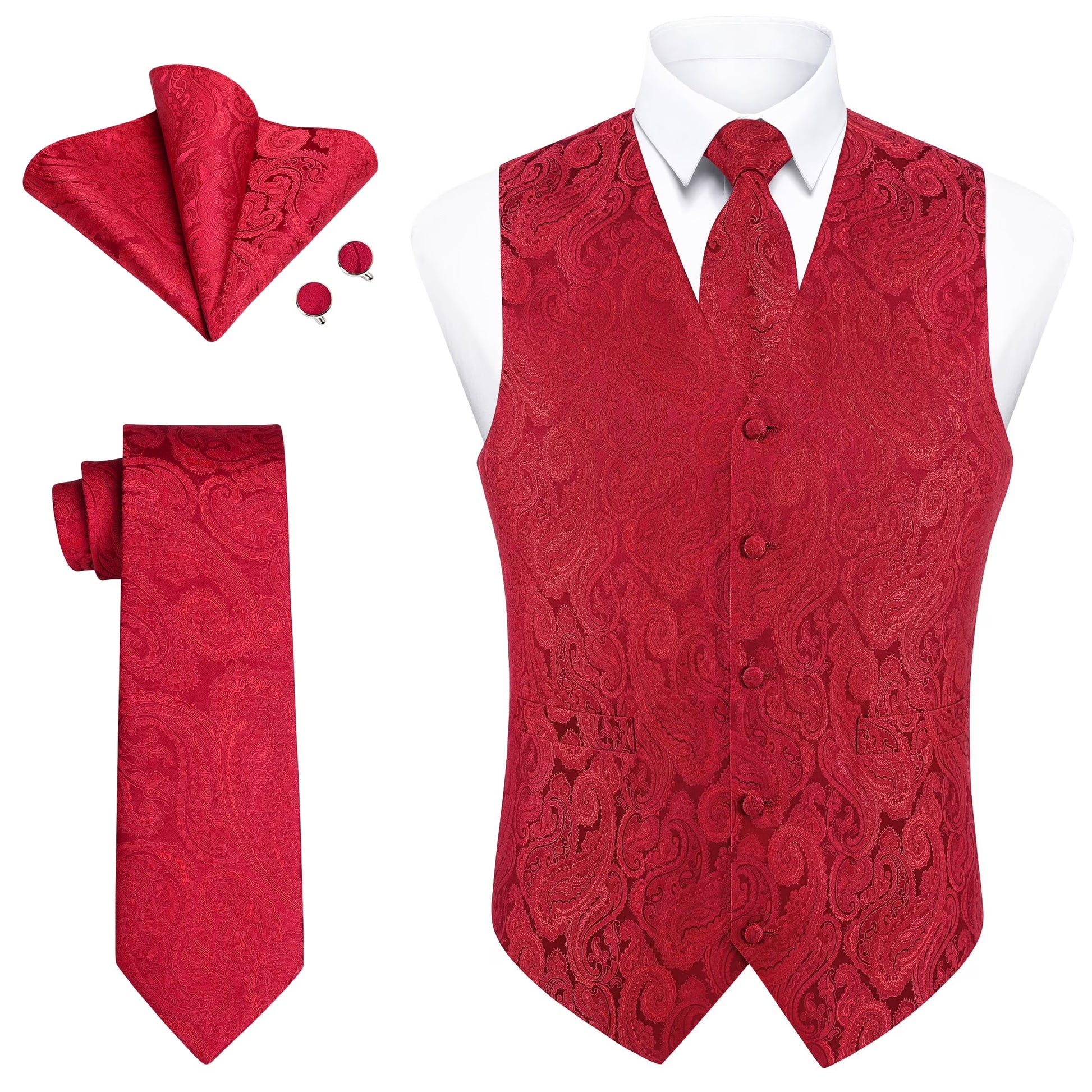 Men's Suit Vest Formal Red Paisley Jacquard Tie Pocket Square Cufflink ...