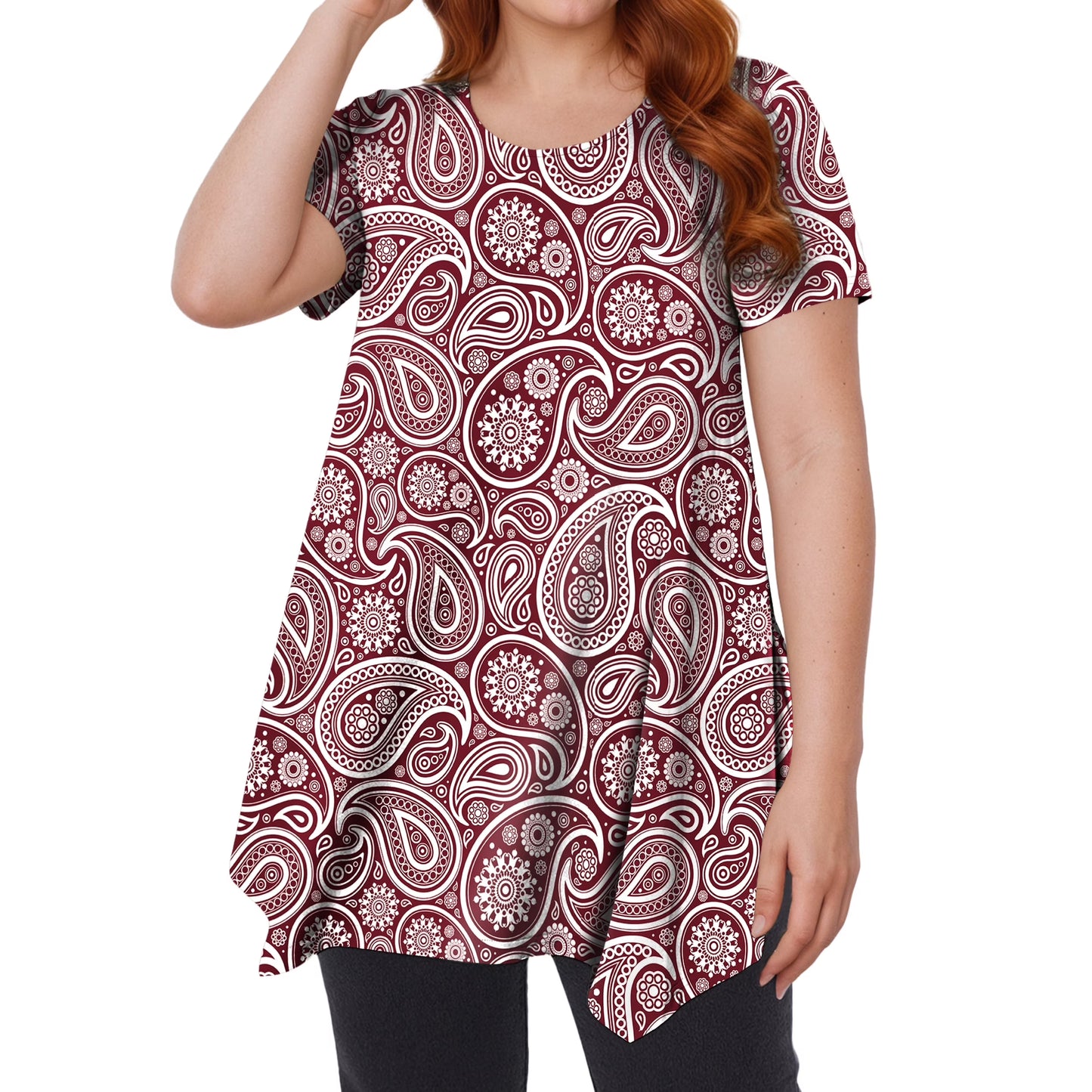 Sprinmer Womens Tunic Tops Short Sleeve Plus Size Shirts Swing Blouses Summer Red Paisley Floral Tops