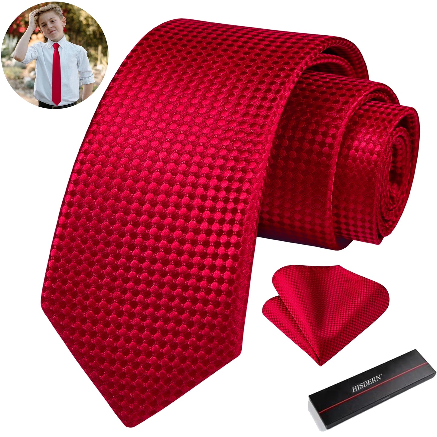 Ties for Boys Solid Color Kids Necktie and Pocket Square Set for Age 8-14,49" Neck Tie