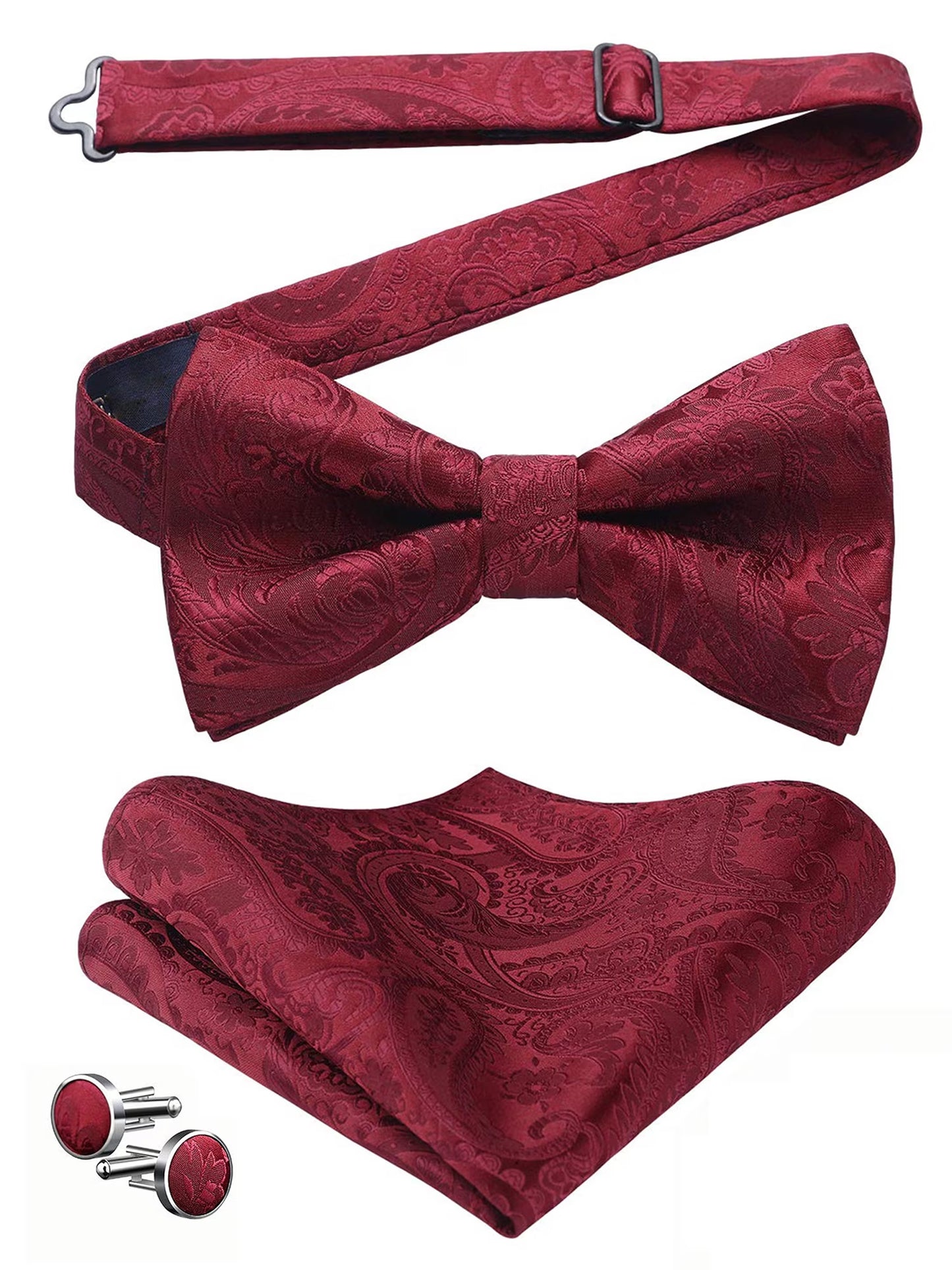 Bow Tie for Men Paisley Pretied Bowties Adjustable Tuxedos Bowtie Handkerchief Cufflinks Set