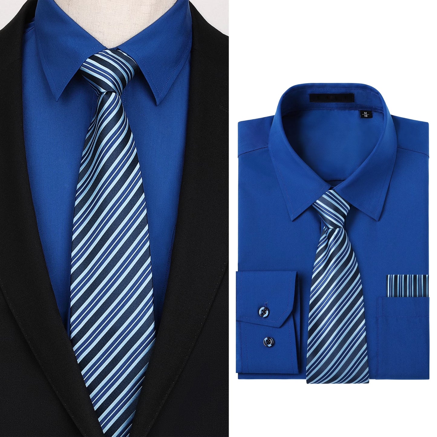 Men's Long Sleeve Dress Shirts Solid Color Button Down Shirts with Tie and Handkerchief Set Shirt