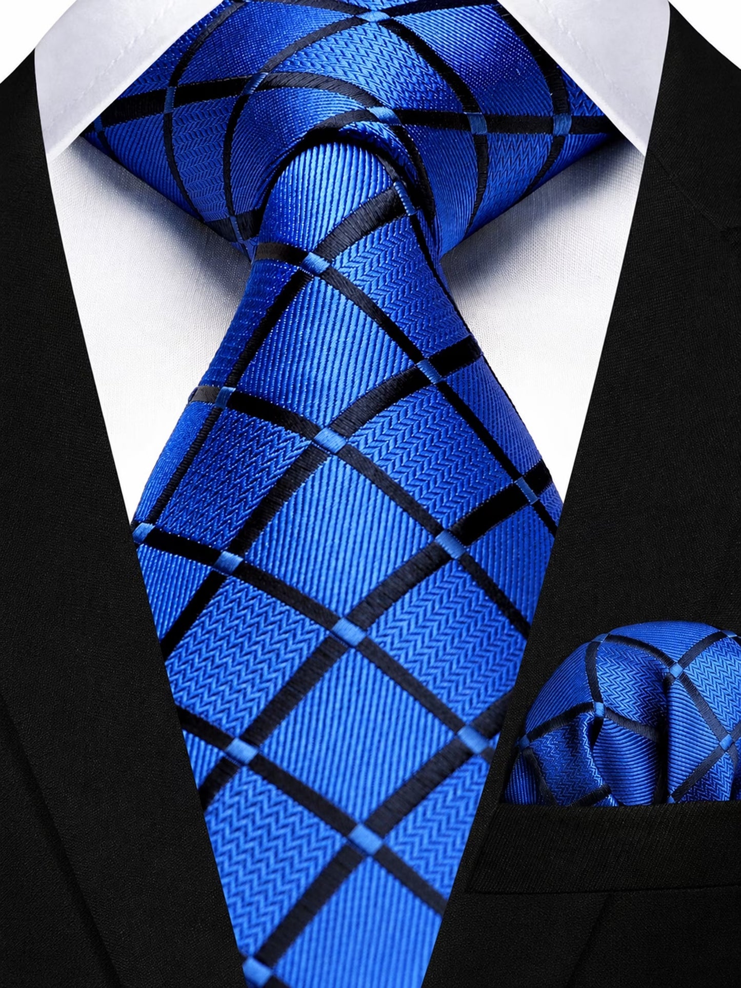 Black Plaid Mens Ties Handkerchief Elegant Formal Necktie & Pocket Square Set Wedding Ties for Men